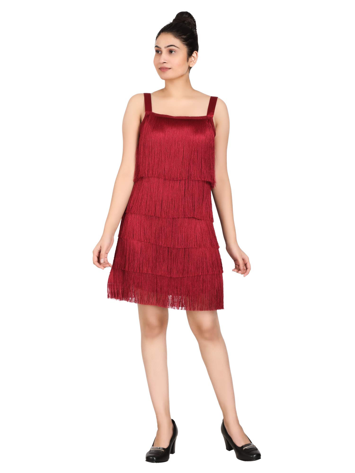 MISVERSEWomen's A-Line Knee Length Fringe Lace Embellished Dress