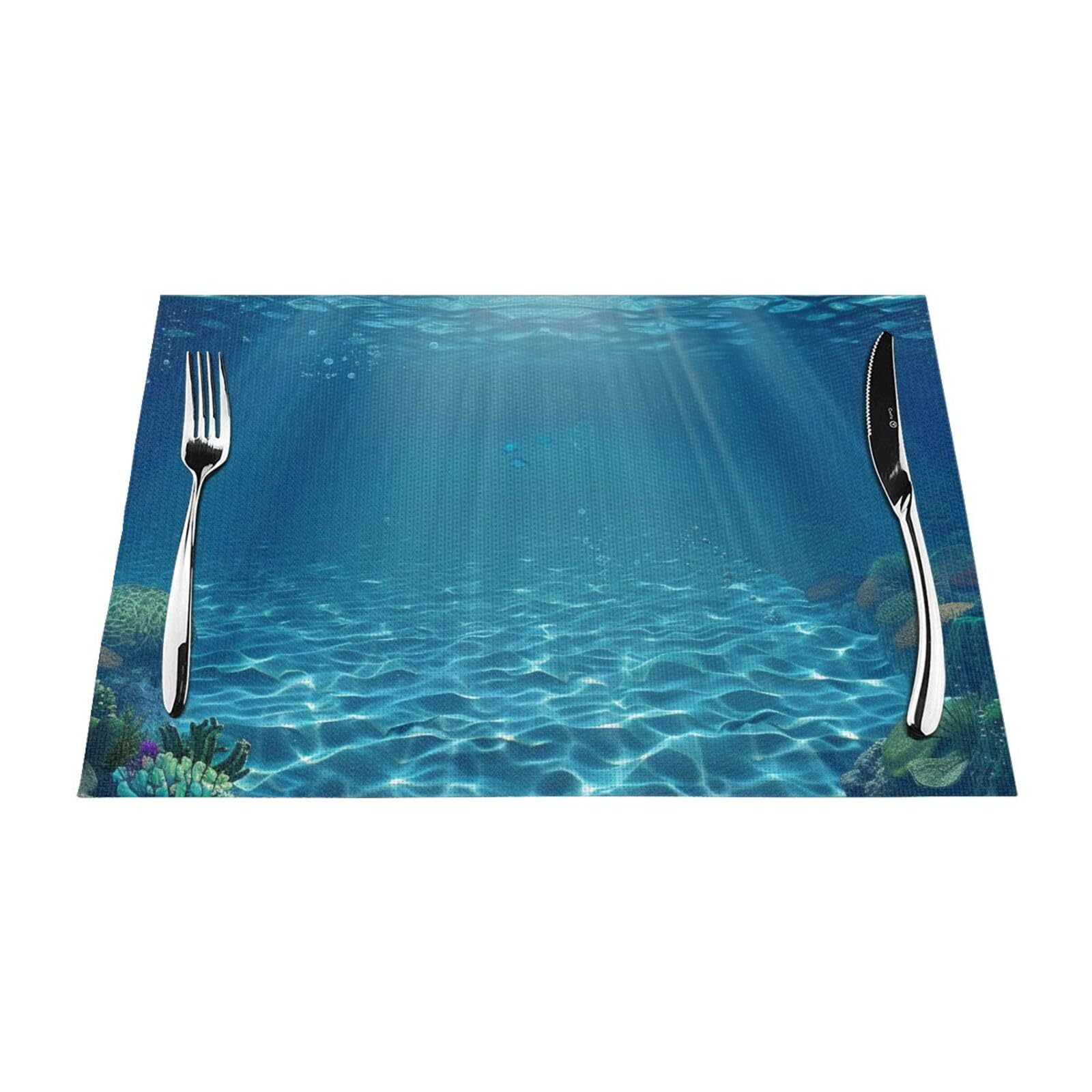Tranquil Underwater Scenery Printed PVC Placemat 4 PCS for Kitchen Dining Table Heat-resistand Washable Table Mats 18x12 in