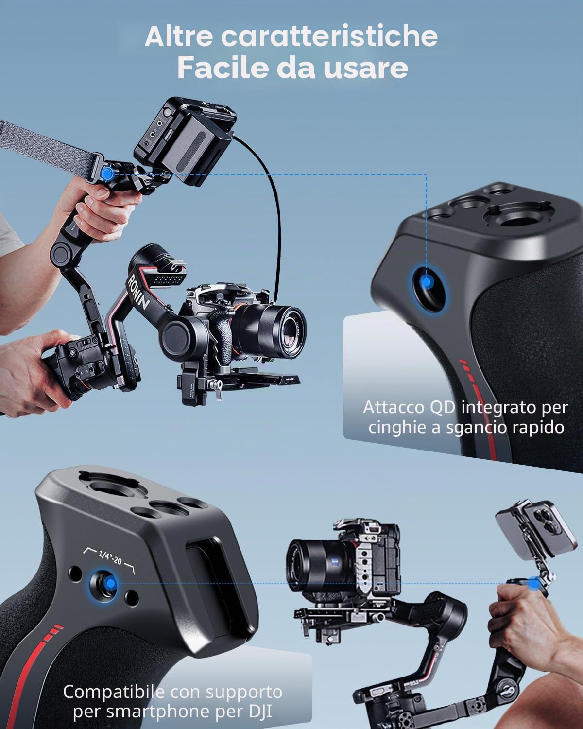 SmallRig Impugnatura Gimbal con Tracolla per DJI RS 2 / RSC 2 / RS 3 / RS 3 Pro/RS 3 Mini/RS 4 / RS 4 Pro/RS 4 Mini, Impugnatura Regolabile per Riprese dal Basso, con Attacco QD