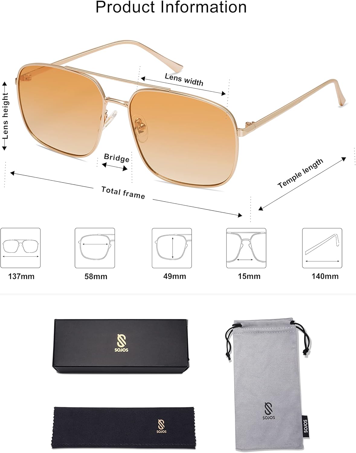 SOJOS Trendy Square Aviator Sunglasses for Women Men, Gold Frame Light Tint Gradient Shades SJ1176 - Image 5