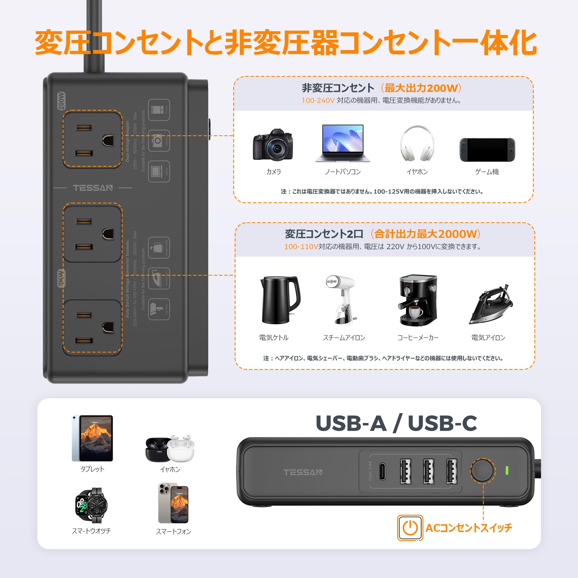 Amazon.co.jp: TESSAN 変圧器 海外旅行用 220vから100v 電圧変換器