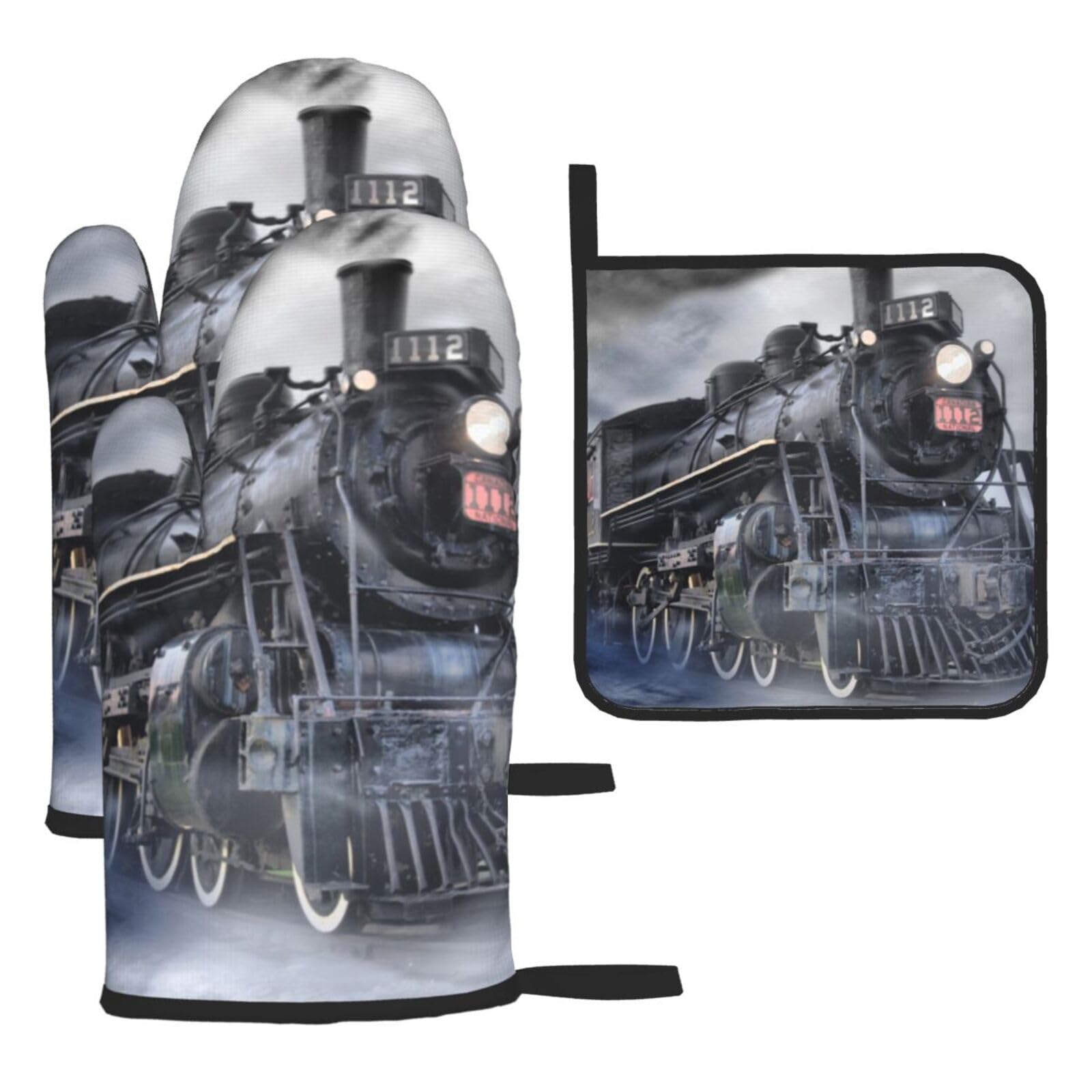 Steam Train Clouds Print Oven Set Kitchen Gloves Baking Grilling Microwaving Cooking Gift Everyday Holiday