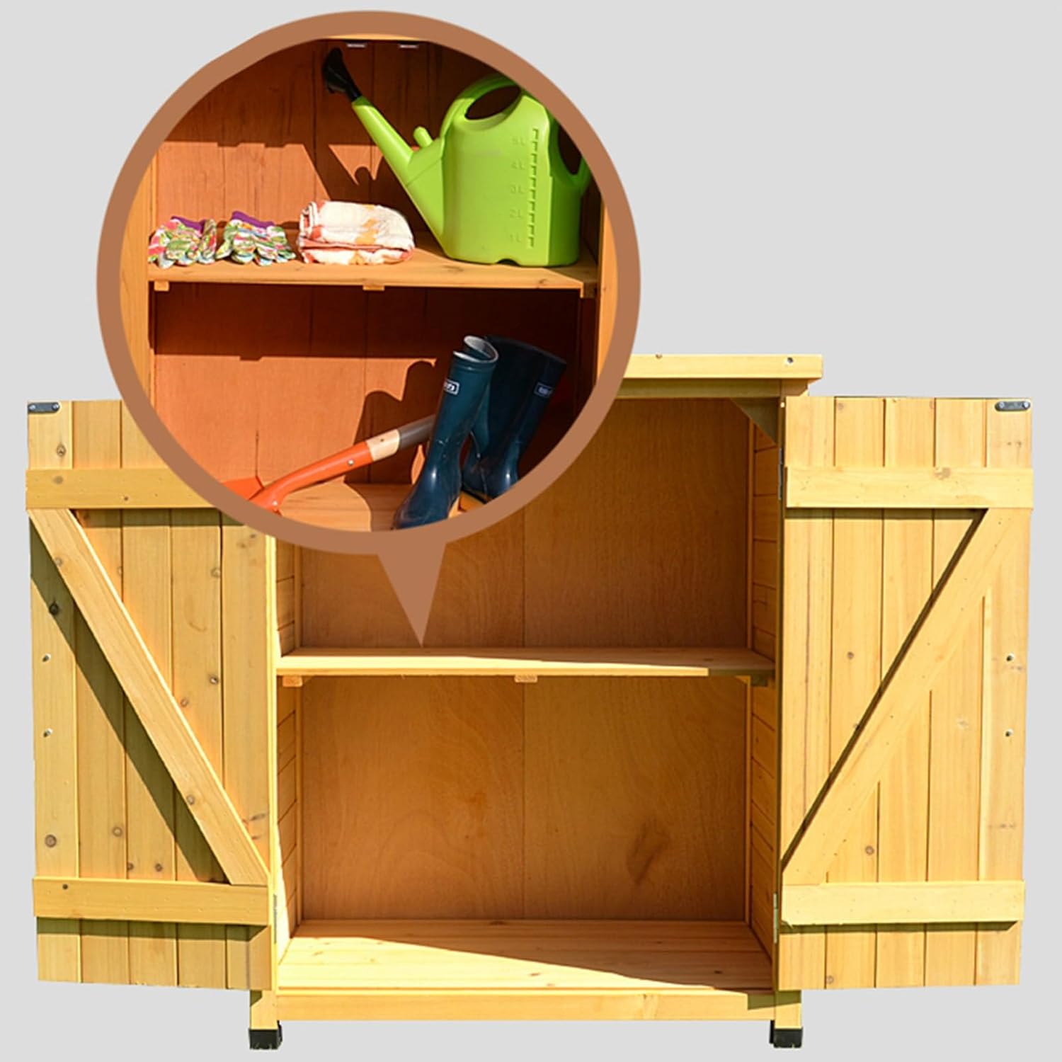 Outdoor Potting Bench Table, Garden Storage Cabinet w/Metal Tabletop, Vertical Organizer Cabinet with Double Lockable Doors for Outside, Garden and Yard,Yellow