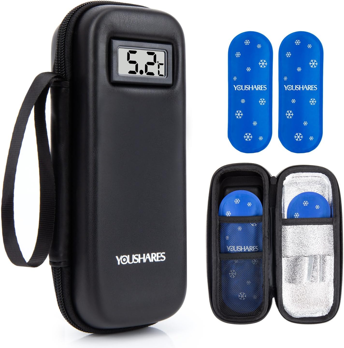 YOUSHARES Insulin Cooler Travel Case with Temperature Display - Insulin Pen Case with 2 Ice Packs, Small Insulated Bag for Diabetes Supplies (Black)