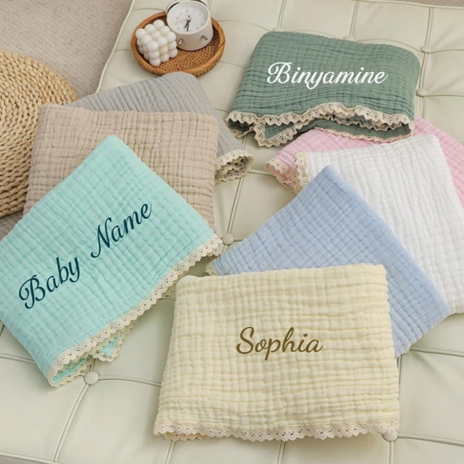 Keruidian Personalised Children's Blanket Baby Gauze Double-layer Cotton Fringed Blanket Muslin Swaddle Bebê Baby Blankets Newborn (No customization)