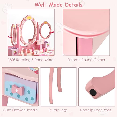 Miniatura 6 de HONEY JOY Vanity - Juego de tocador y silla de madera de princesa de fresa con espejo ovalado de tres pliegues y accesorios de vidrio real, parte