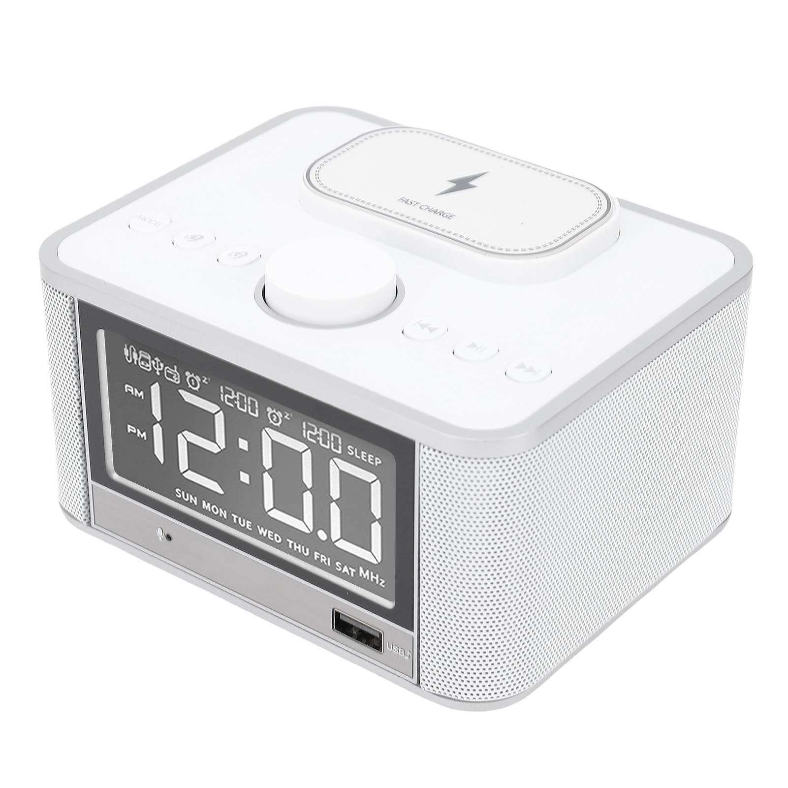 Fabater Głośnik, Budzik Stereo o Mocy 5 W i Mocy 10 W z Bezprzewodowym ładowaniem, Radiem FM i Przyciemnianym Wyświetlaczem, Bezprzewodowa Stacja ładująca do Sypialni (przepisy europejskie)