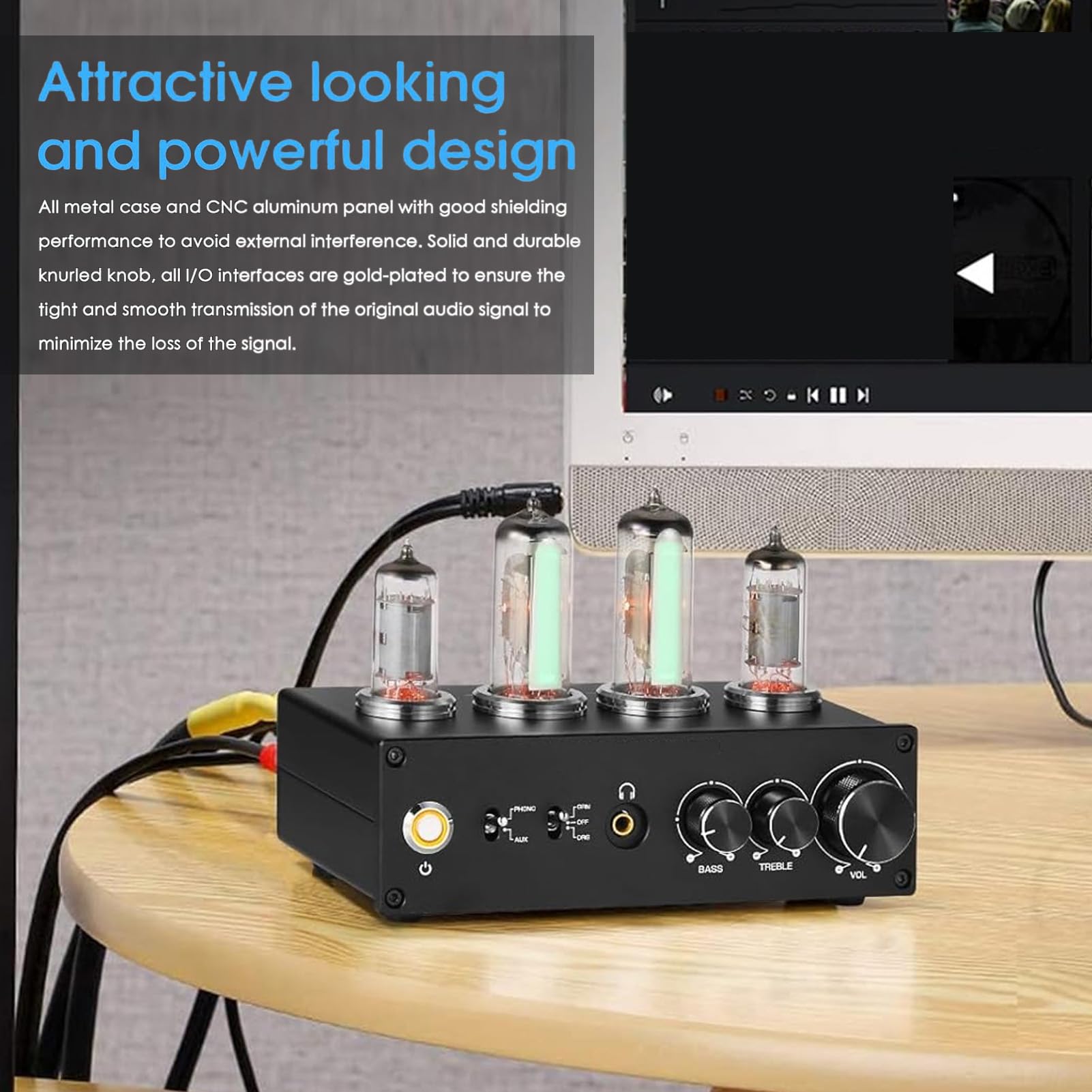 AUNMAS Preamplificatore Fono Valvolare Elettronico, Preamplificatore Audio Stereo HiFi con Jack per Cuffie da 3,5 MM e Controllo dei Bassi Acuti, per Giradischi MM MC (Spina UE 100-240 V)