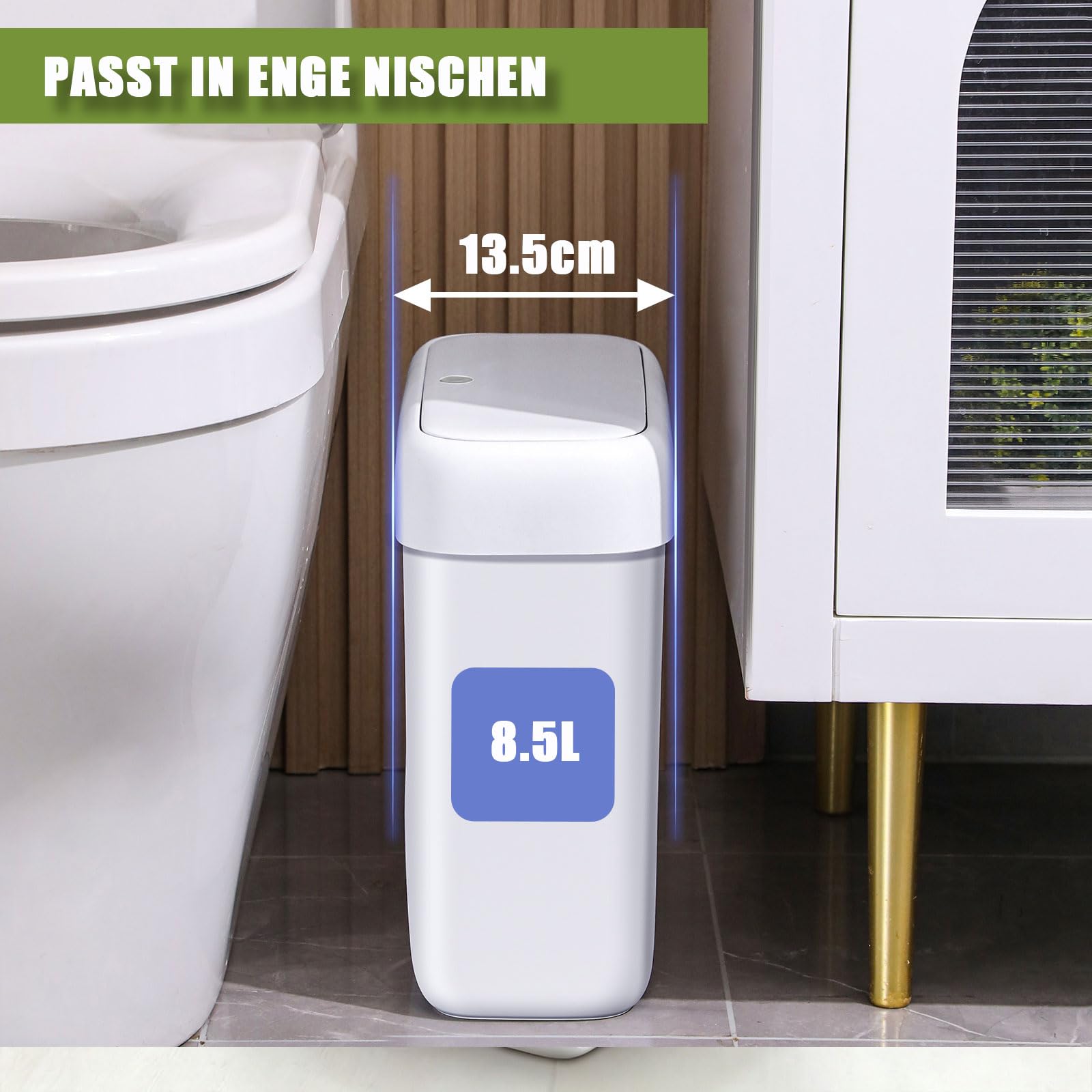 funest Mülleimer Bad mit Deckel, Schmaler Badmülleimer Weiß, Kleiner Mülleimer mit Druckknopf-Deckel, Abfalleimer Badezimmer für WC, Küche, Schlafzimmer, Wohnmobil und Büro, 8,5L