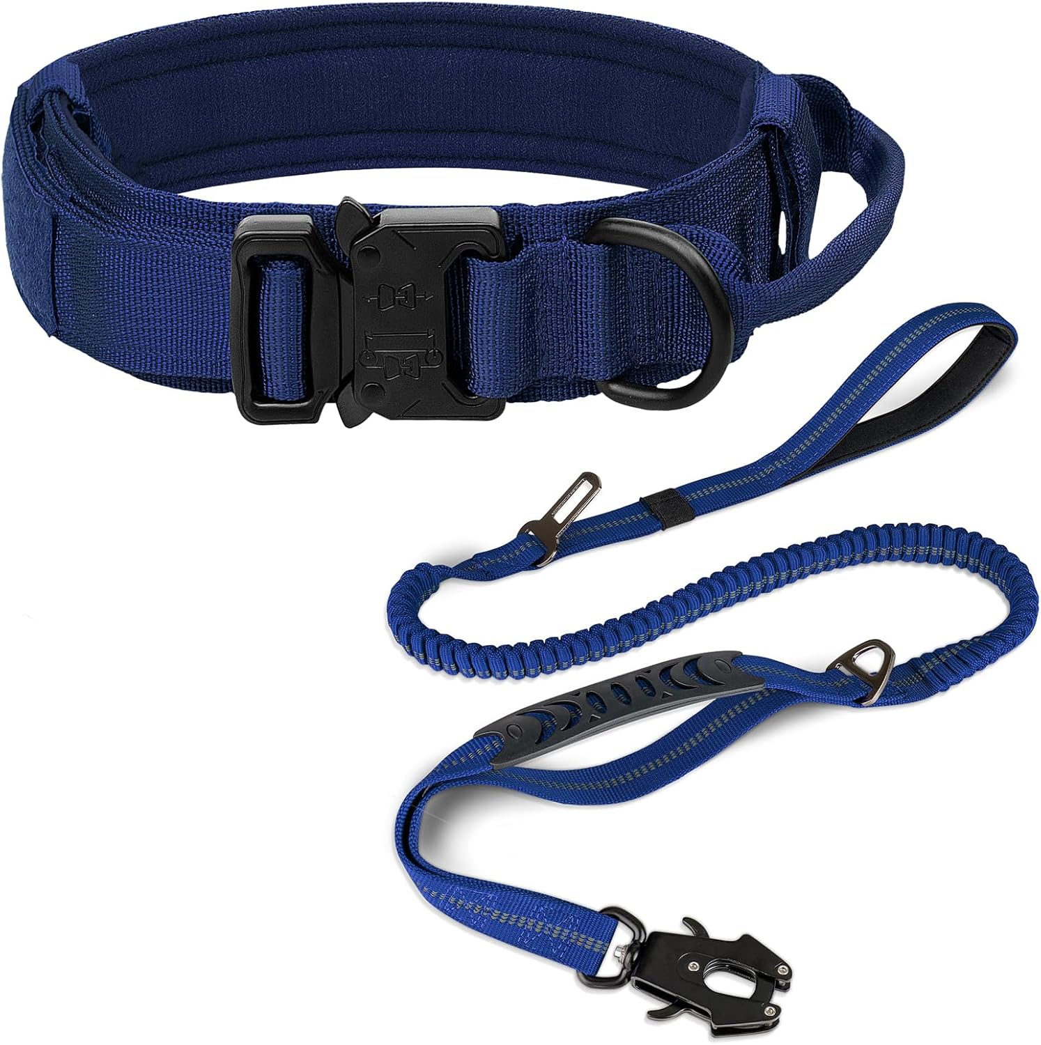 Joytale Tactical Dog Collar(15"-18") and Dog Leash Set, Adjustable Strong Dog Collar with Handle and Shock Absorbing Bungee Dog Leash for Medium Dogs(Navyblue,M)