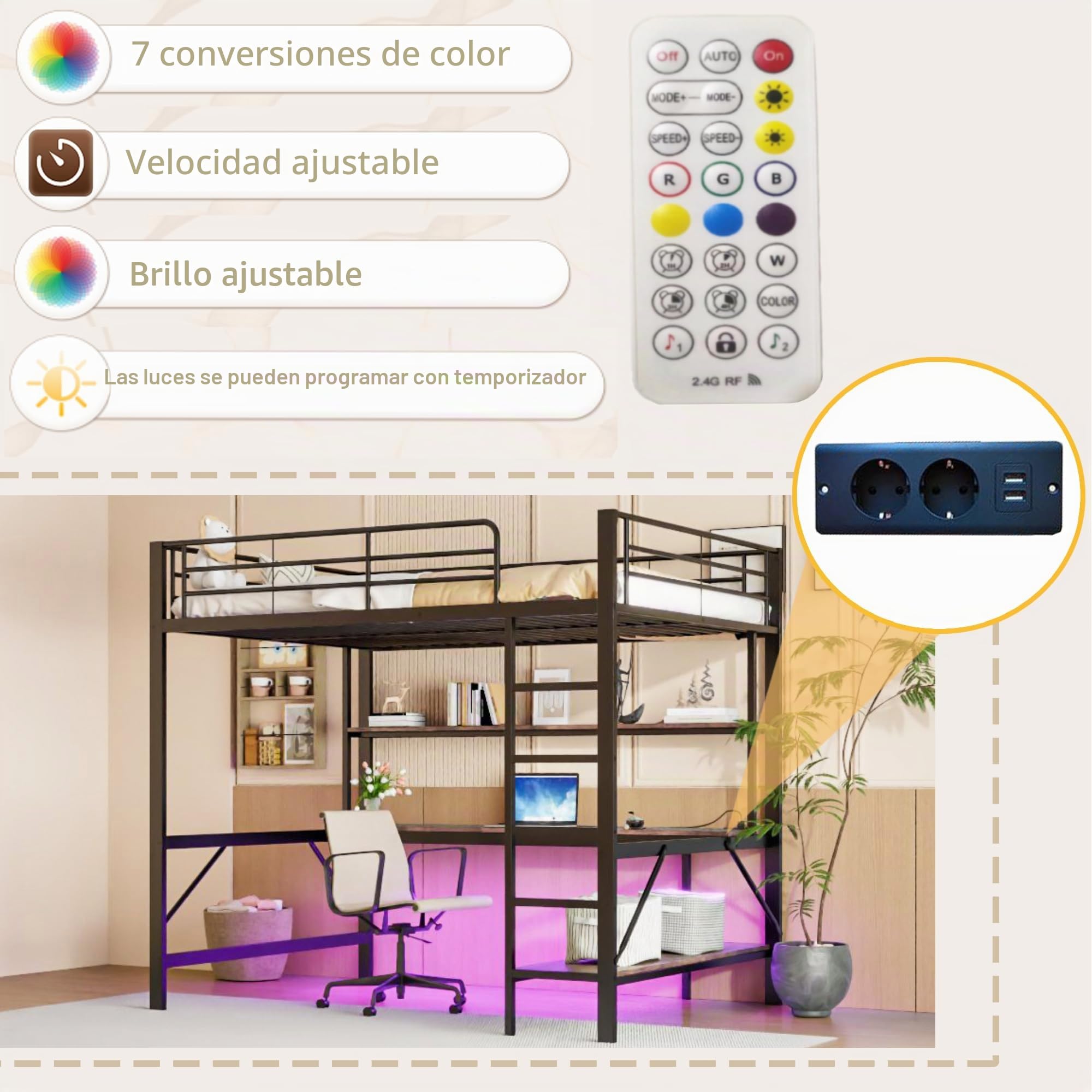 Seyakany cama Mezzanine Infantil 140 x 200 cm, cama Mezzanine de metal de 2 plazas con barreras y escalera, con tomas USB y eléctricas, con iluminación LED, escritorio, varias estanterías, sin colchón