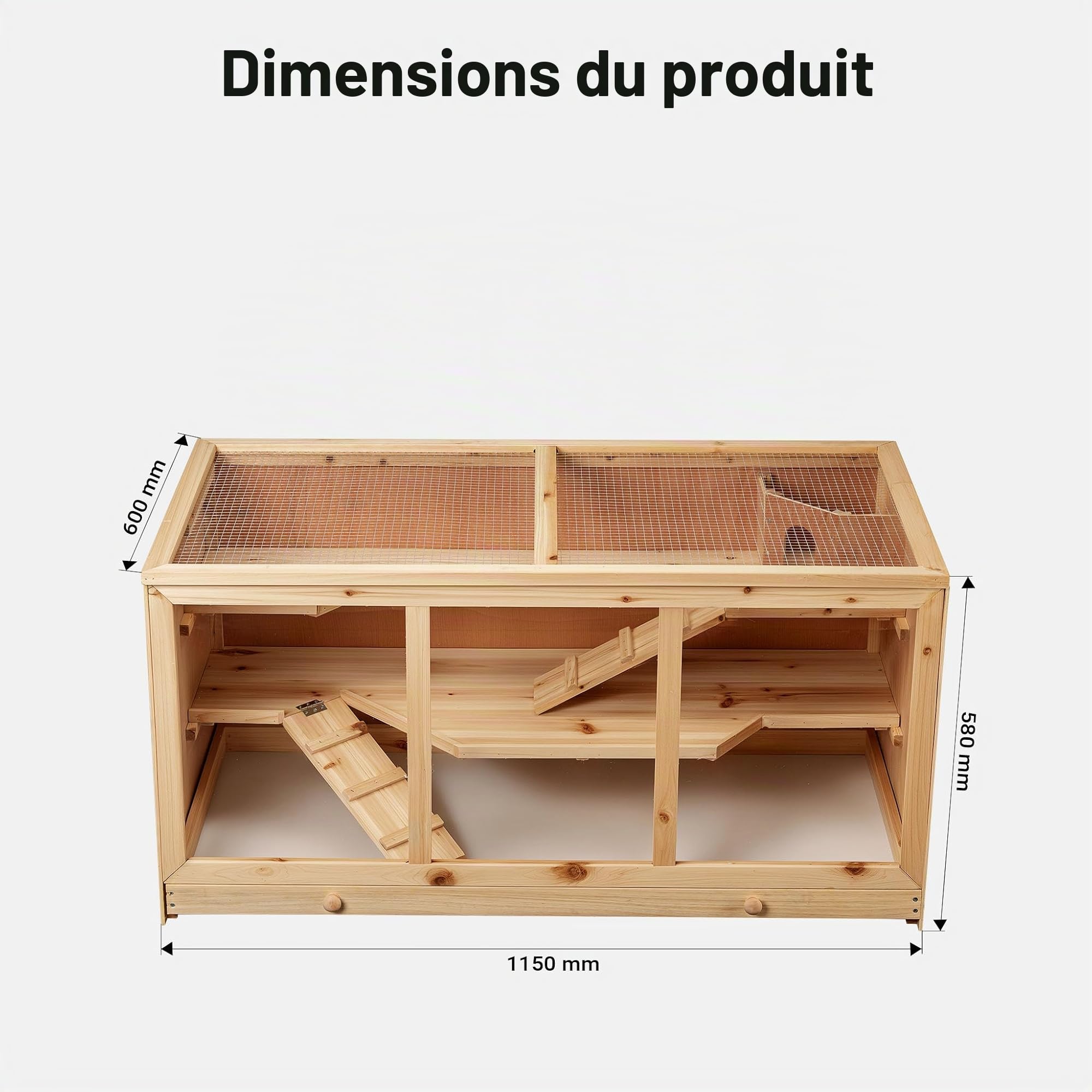 Wiltec Clapier XXL – 115 x 60 x 58 cm – 2 étages – Bois Sapin – avec Esaclier, Couvercle Rabattable et façade vitrée – Cage pour rongeurs Hamsters Souris Rats Lapinière Nichoir