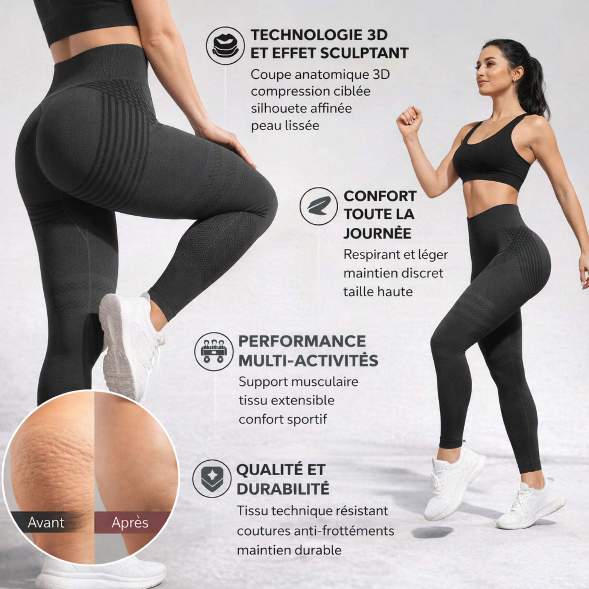 Legging 3D Anti Cellulite Femme Sport Effet Push-Up Et Ventre Plat Minceur Compression Legging De Yoga Et De Fitness pour Drainage Lymphatique Lipoedeme Running Pants - 3