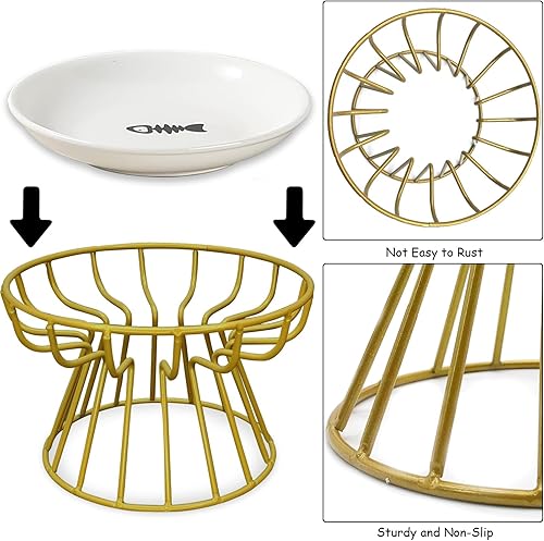 Vista 22 de BNOSDM 2 cuencos elevados de comida para gatos, platos de cerámica poco profundos para gatos con soportes de metal, comedero elevado para mascotas