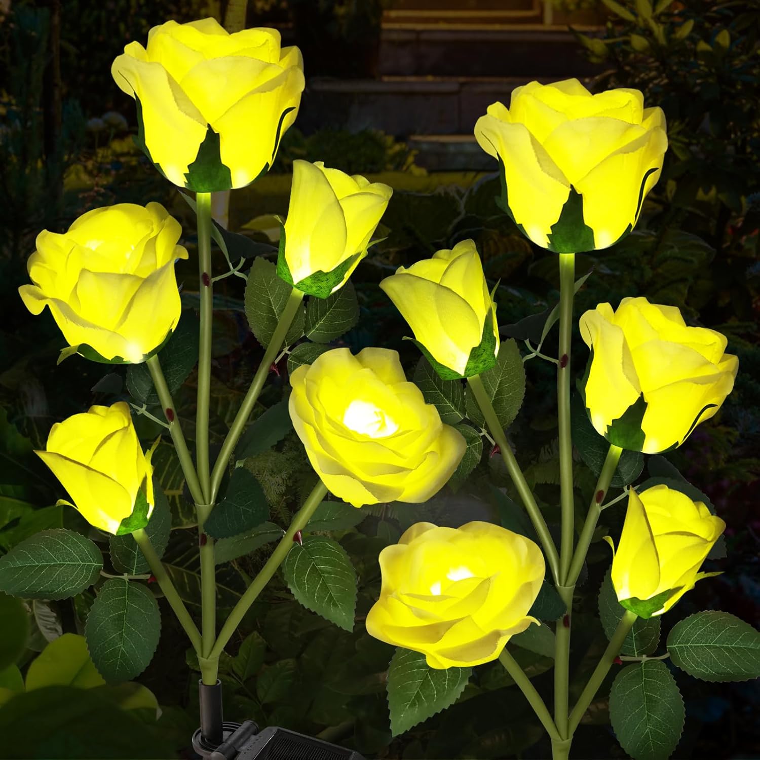 Solar Garden Lights - Realistic 20 Rose Waterproof Solar Flowers for Outside Patio Yard Pathway & Christmas Decorations, Blue & Yellow