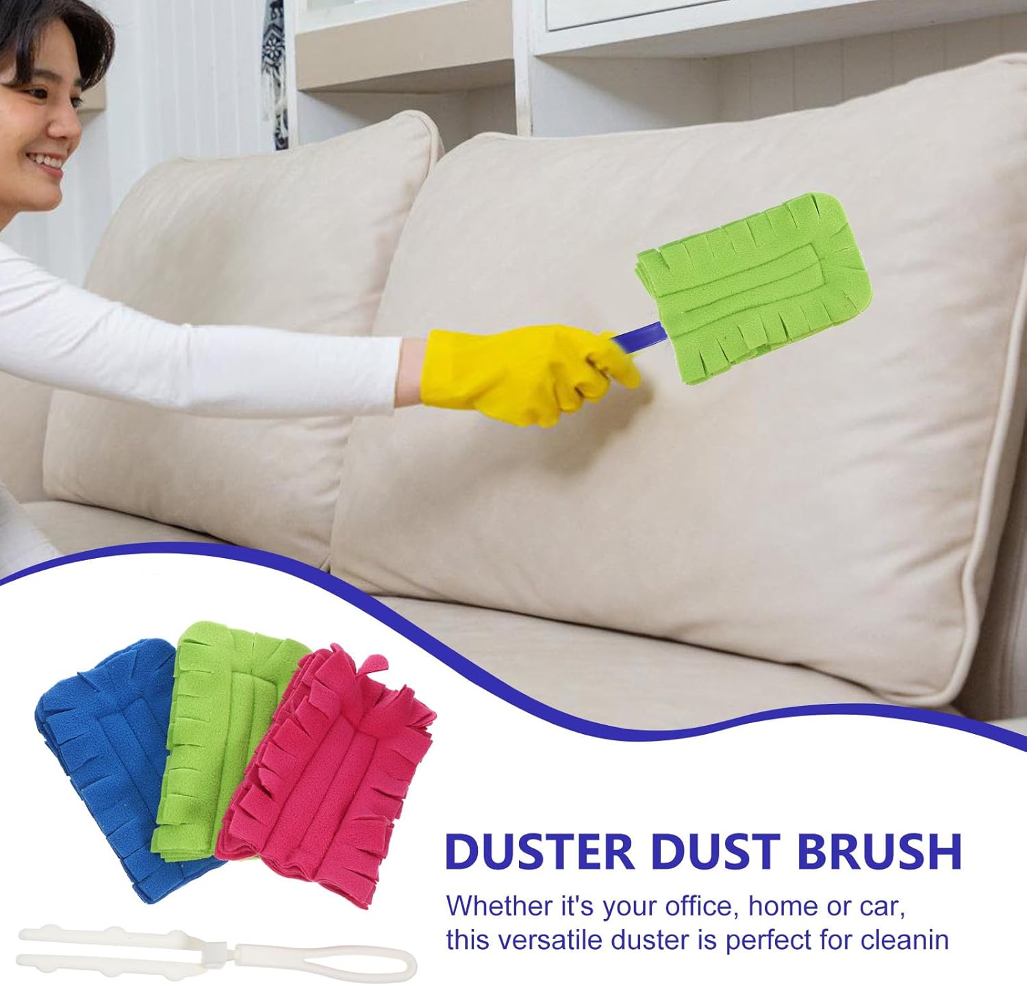 Reusable Washable Duster Heads 4pcs with White Handle, Fleece Dusting Refills for Hand Duster, Multi-Color Replacement Pads for Ceiling Fans, Hardwood, Windows, Kitchen, and Floor