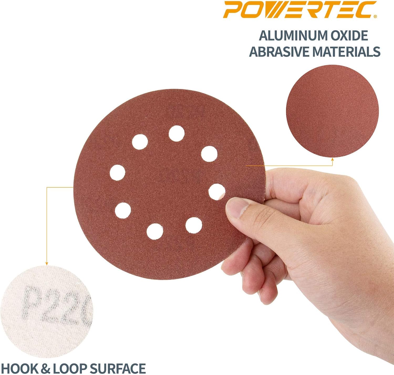 POWERTEC - 45012K 45012 120 Grit 5 Inch Sanding Disc | 8 Hole Hook and Loop Backing Pad | Aluminum Oxide Round Sandpaper Disc for Random Orbit Sander – 25 Pack - - 