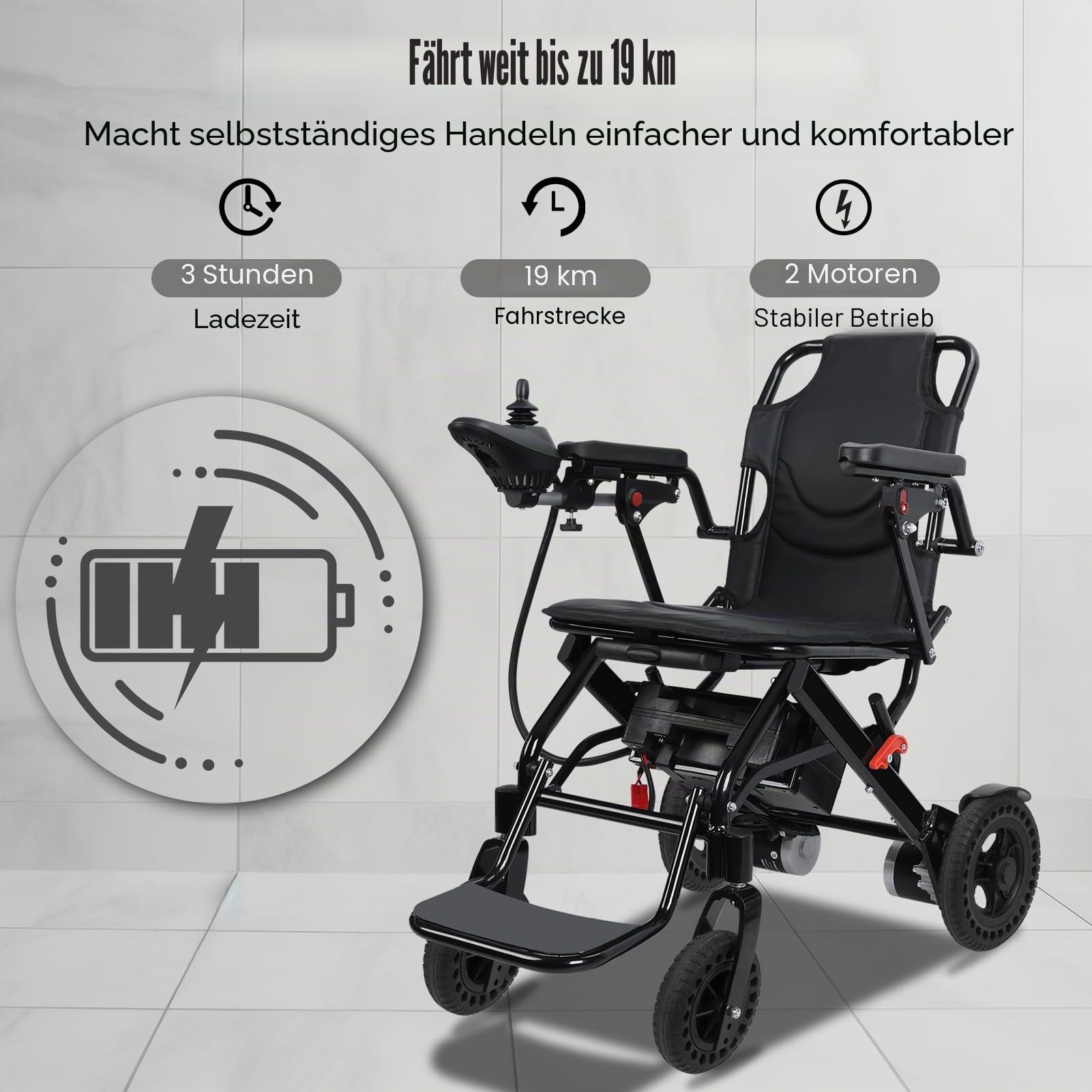 Ultraleichter elektrischer Rollstuhl, zusammenklappbar, kompakt, Aluminium, 22 kg, Reise-Transport-Rollstuhl für Erwachsene und Senioren, tragbarer Rollstuhl mit Fußstütze, 500 W, 12 Meilen (schwarz)