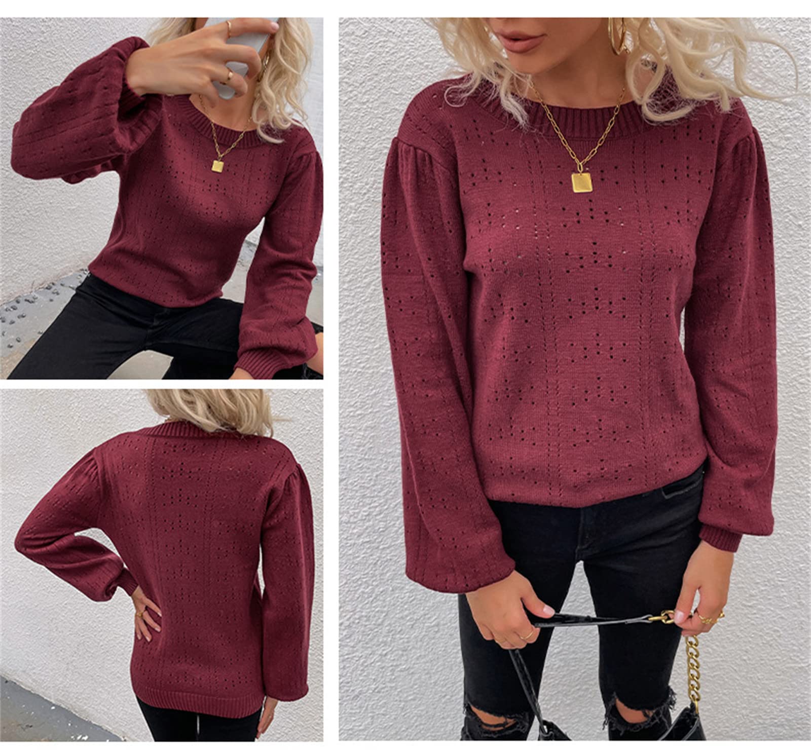 Damski sweter z okrągłym dekoltem sweter pusty dzianina codzienny długi rękaw miękki sweter z dzianiny płaszcz, Czerwony, XL