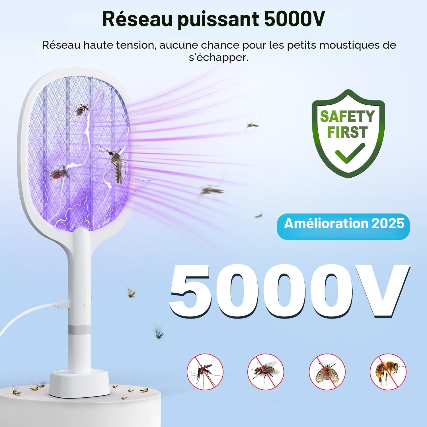 Raquette Electrique Insectes 5000V, 2000 mAh Raquette Moustique Electrique Raquette Anti Moustique Electrique UV Exterminator avec Base de Recharge, Efficace pour Intérieur Extérieur