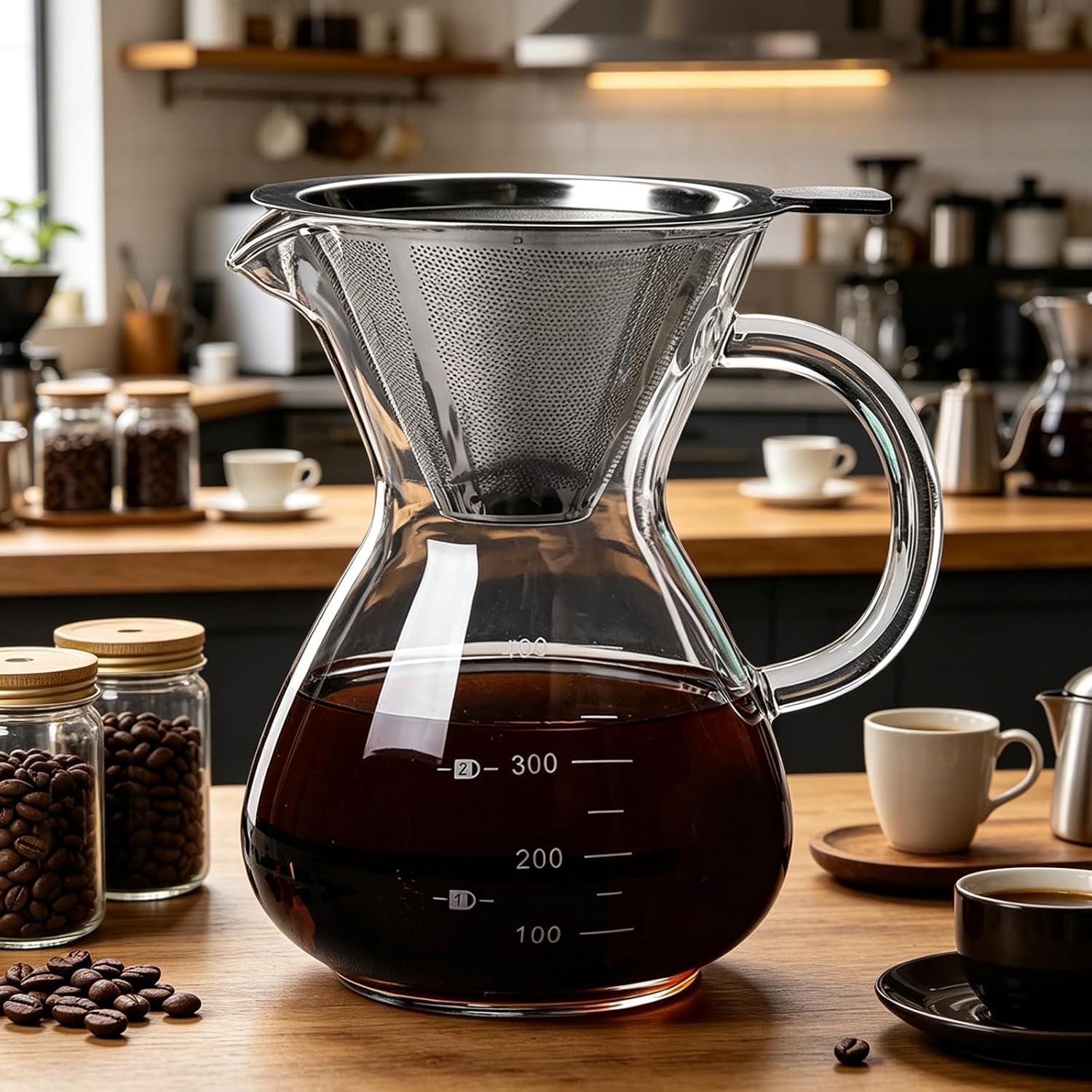 Modern Manual Coffee Maker Set Including Glass Server and Metal Strainer Offices Examine Coffee Equipment