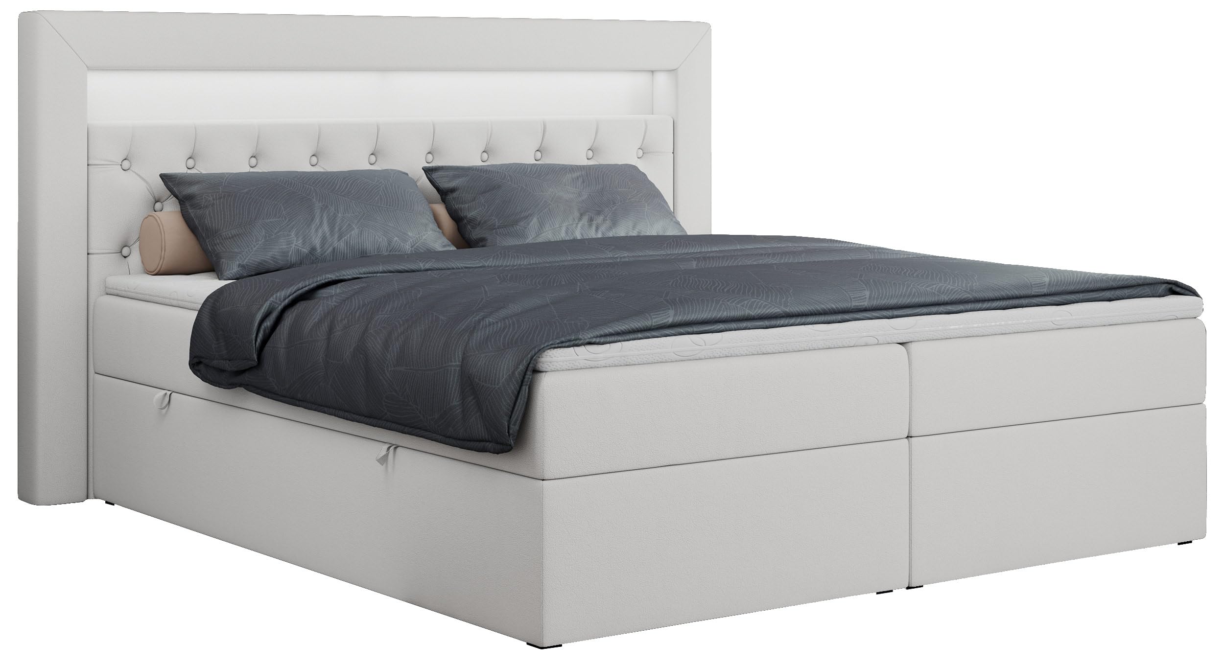 MKS MEBLE Boxspringbett 180x200 mit Led Weiß Kunstleder, Bett 180x200 mit LED Kopfteil, Multipocket Matratze H3, Doppelbett mit Bettkasten Stauraumbett - Gold-6 - Weiß Kunstleder