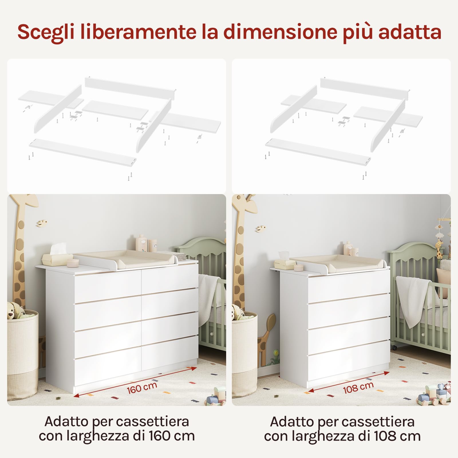 WOLTU Fasciatoio Neonato Universale per Cassettiera 3 Bordi Rialzati Profondità Regolabile 47-50 cm MDF 160x80x10 cm