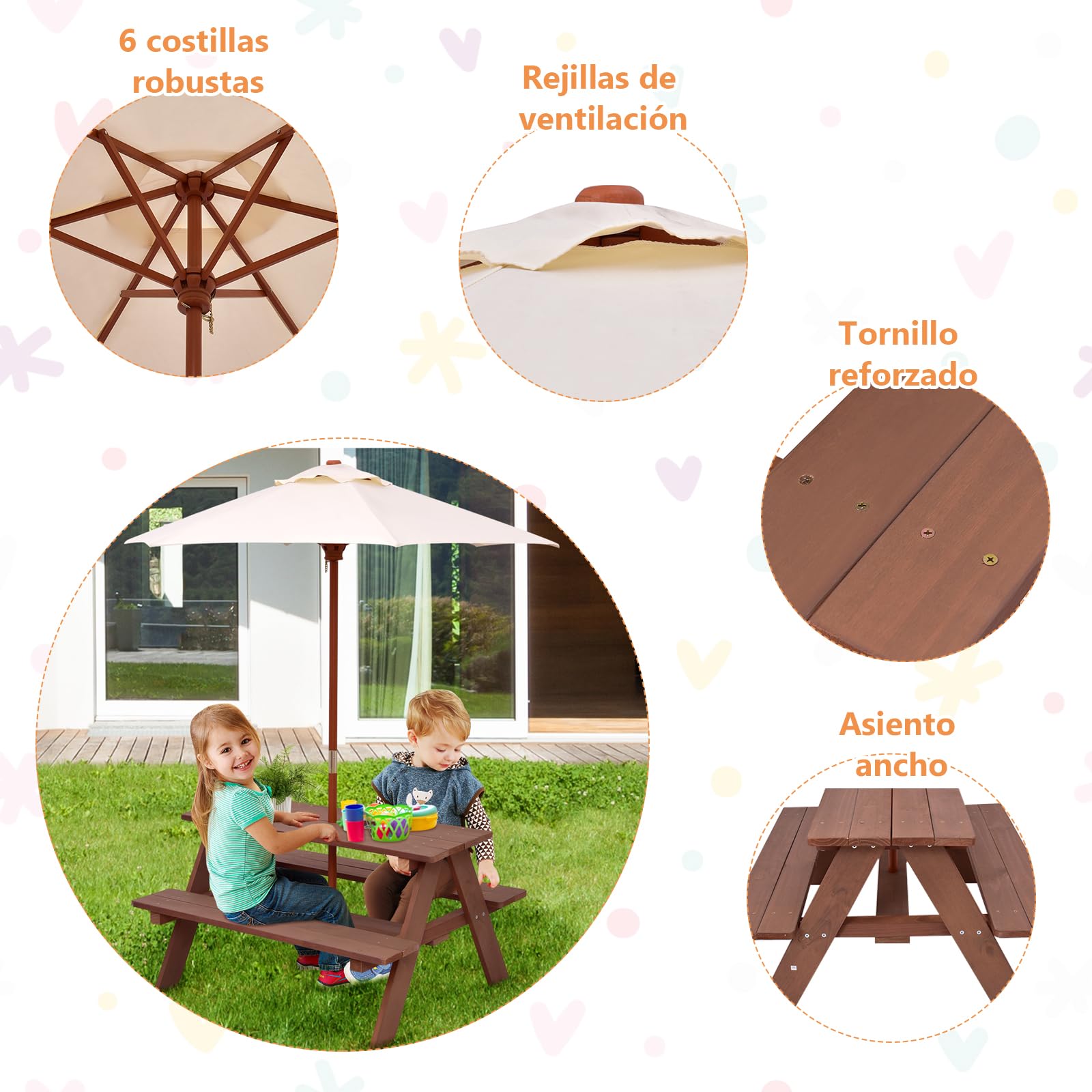 SOARS Mesa de Picnic para Niños con 2 Bancos de Madera Maciza, Conjunto de Asientos Infantiles con Sombrilla, Mesa y Banco de Jardín, Conjunto de Muebles Infantiles para Jardín, Patio