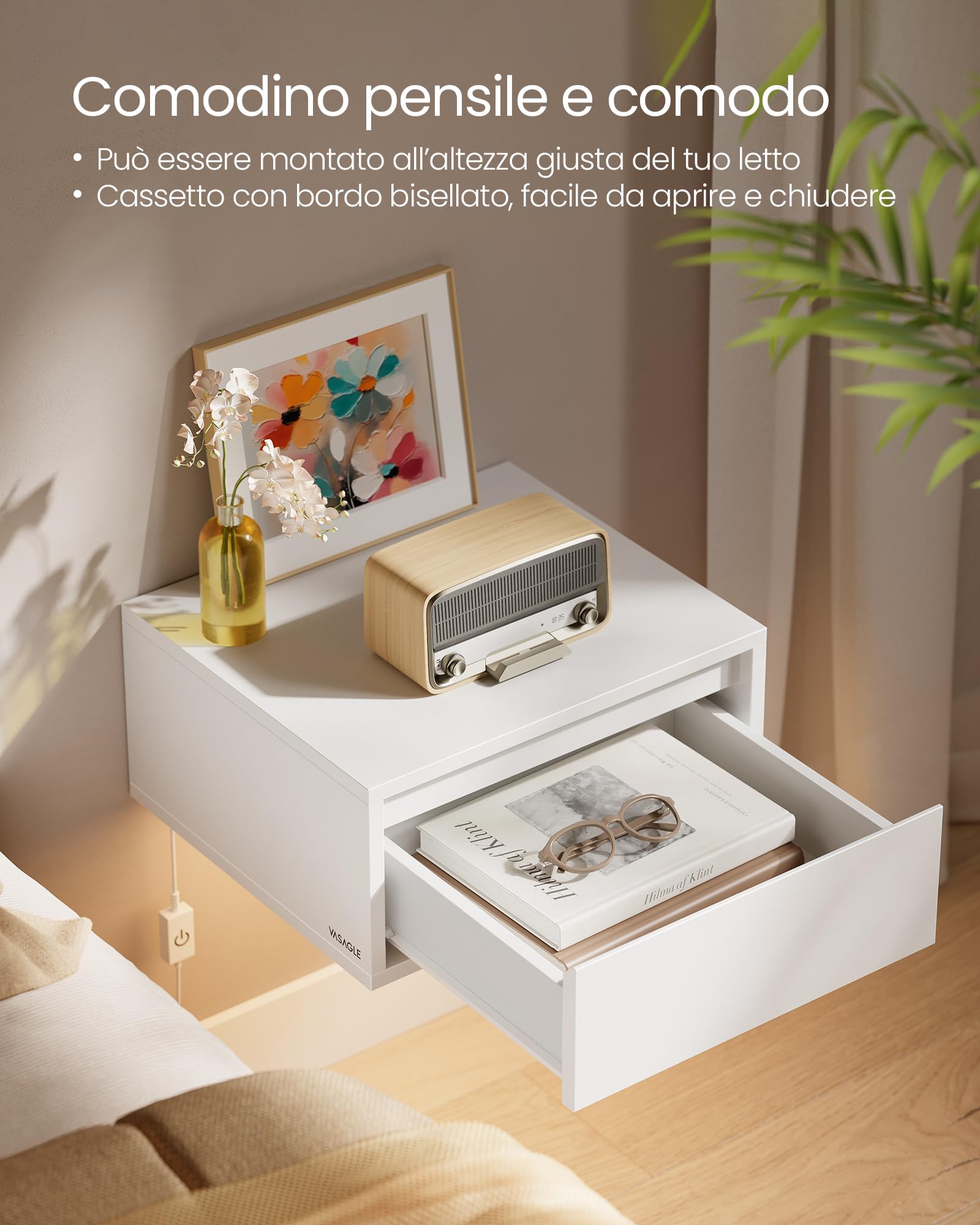 VASAGLE KAILYN Collezione - Comodino Pensile, Set di 2 Comodini Sospesi, Luce Regolabile, Cassetto, Mensola da Parete, 35 x 40 x 18 cm, Moderno, Camera da Letto Soggiorno, Bianco Nuvola LET854W01