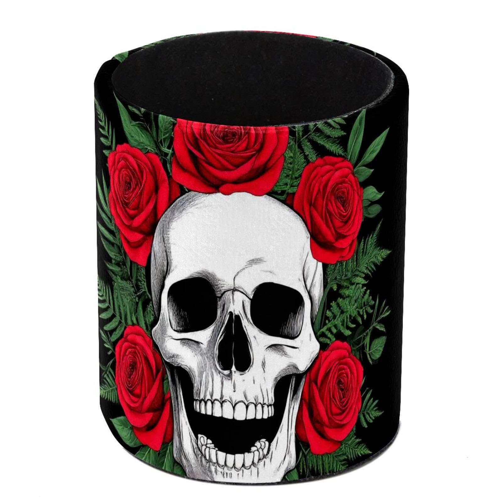 HEOEH Skull Rose Pen Holder for Desk, PU Leather Pencil Holder Pen Cup Marker Holder Makeup Brush Holders, Desk Accessories & Workspace Organizers for Home, Office
