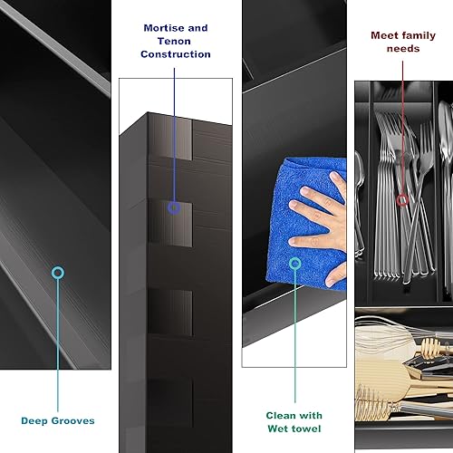 Miniatura 5 de Bandeja organizadora de cajones de cubiertos  Bambú negro pequeño soporte para utensilios de cocina y almacenamiento de cubiertos 14 pulgadas de