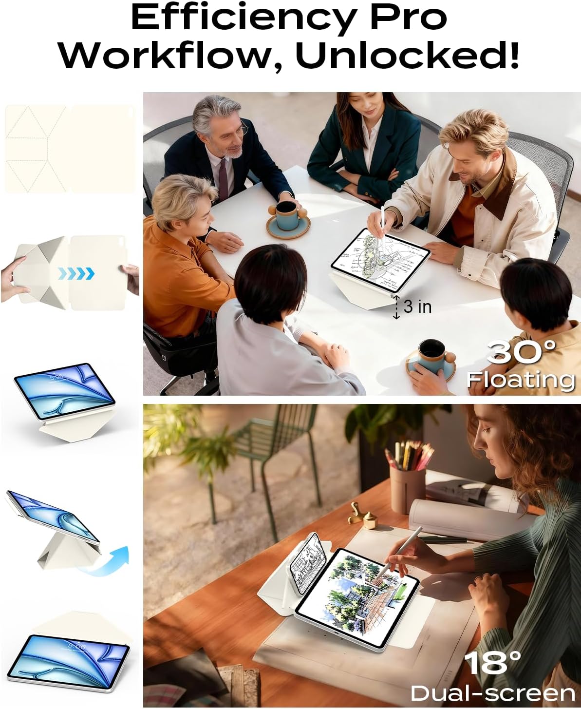 JKSML Dynamic Folio Case for iPad Air M4/M3/M2 11" & Air 4th/5th Gen 10.9", Detachable Pencil Holder, 20+ Multi-Angle Origami Cover, Slim & Ergonomic & Powerful Magnetic - Cream