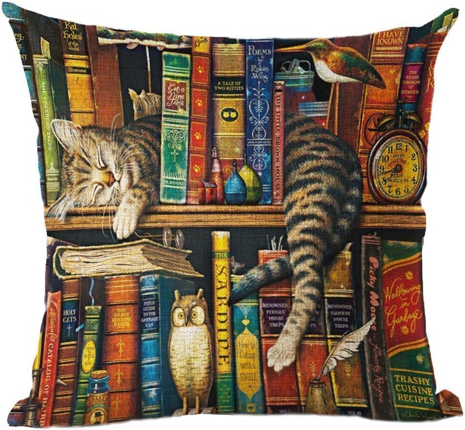 Bookshelf sleeping cat lkw1012 Decorative Cotton Linen Blend Throw Pillow Cover Square Pillow Case Cushion Cover 18 x 18 Inches Griffith.MJ