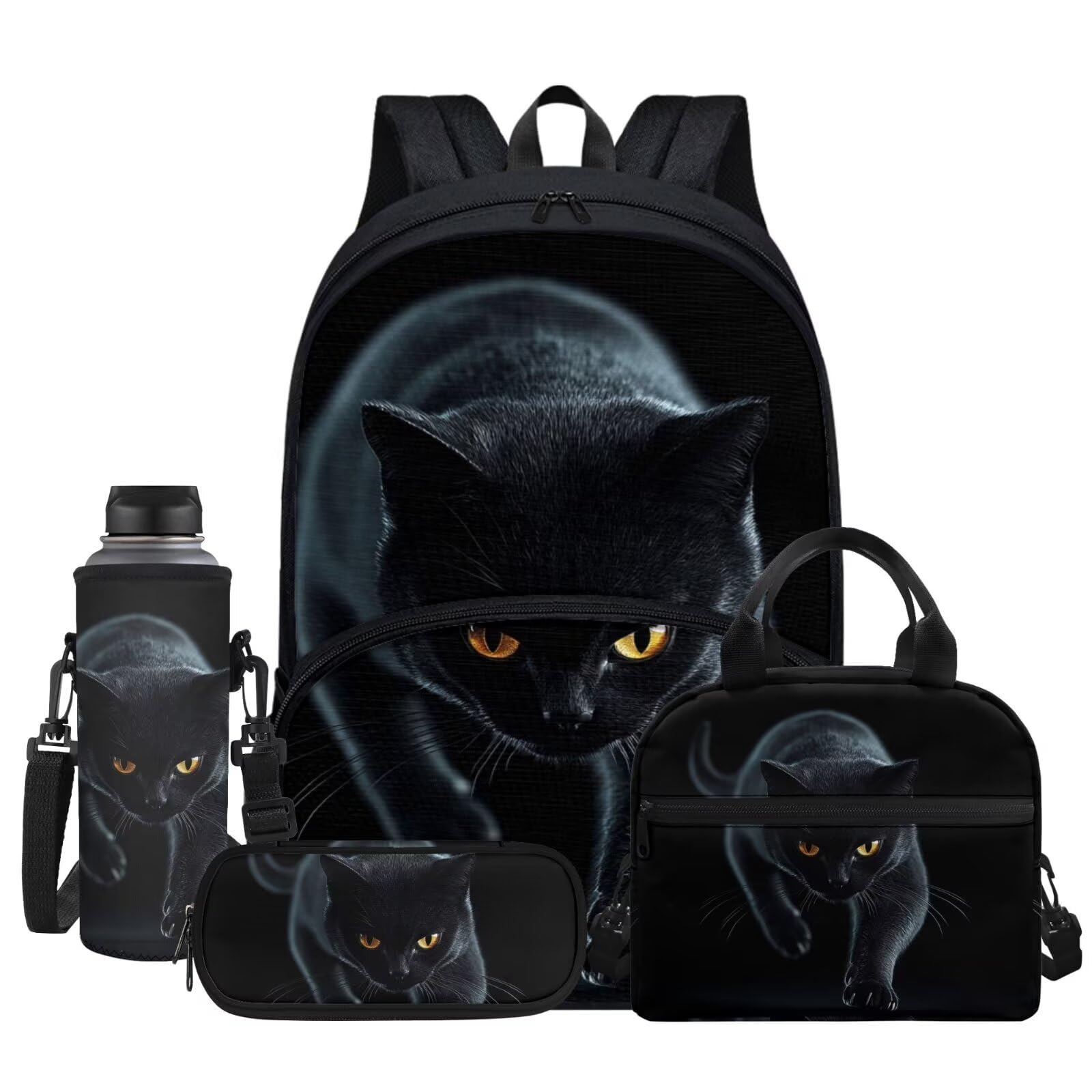 Jndtueit 4Pcs Black Cat Print Travel Backpacks for Men Women Adults School Bag Large Capacity Bookbag Schoolbag Tote Lunch Bags Pencil Bag for Purse