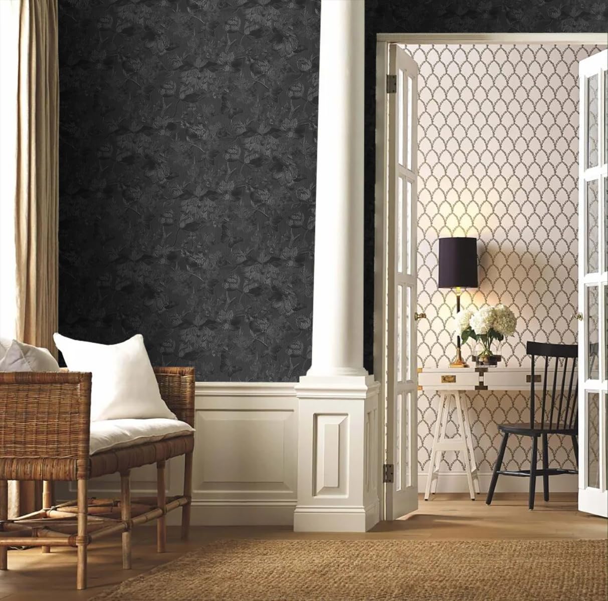 Black Peel and Stick Wallpaper Black Floral Wallpaper 15.7inch x 393.7inch Vintage Embossed Textured Contact Paper Embossed Self Adhesive Wall Paper for Cabinets Pure Flower Removable Vinyl