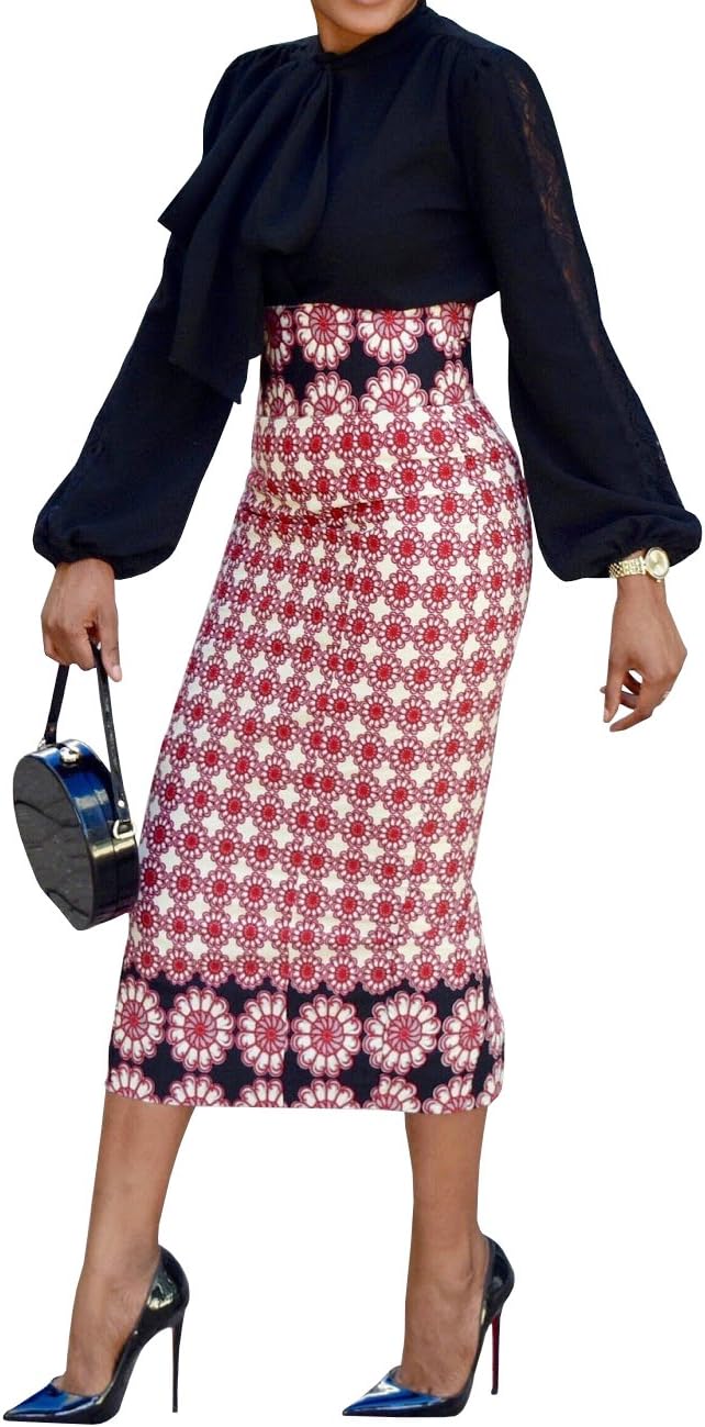 CNJFJ Womens African Print Plaid Midi Skirt Bodycon High Waist Floral Knee Length Pencil Skirts Pink
