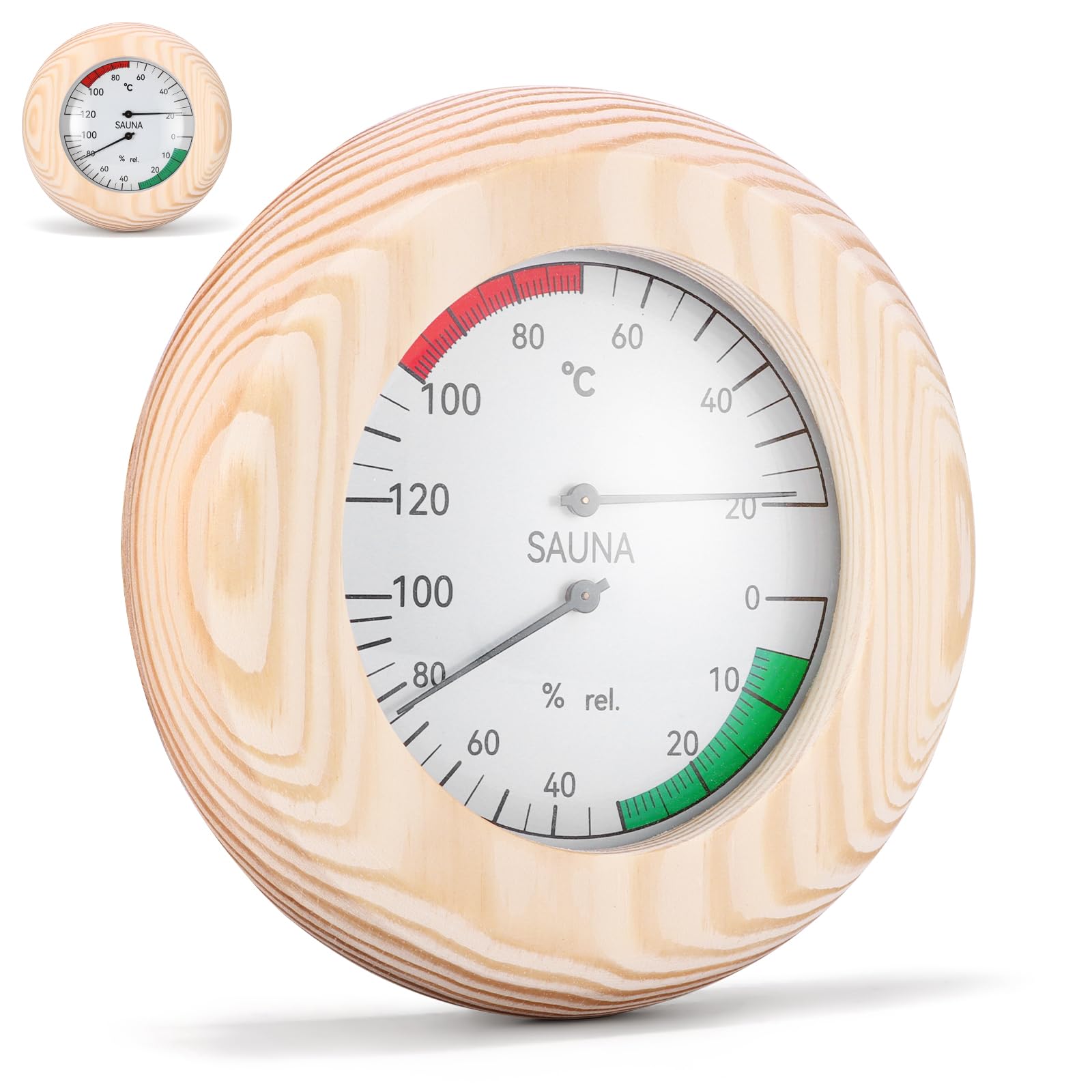 Sauna Thermometer 2-In-1, Round Wood Sauna Thermo-Hygrometer, 20-120℃ High Accuracy, Thermometer Humidity Meter for Steam Room Sauna Room Sauna Accessories