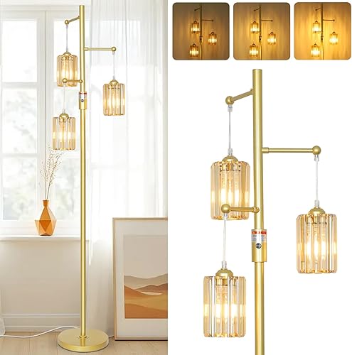 Miniatura 9 de Moderna lámpara de pie de cristal para sala de estar, lámpara de pie regulable, lámpara industrial de árbol plateado con pantalla de cristal,