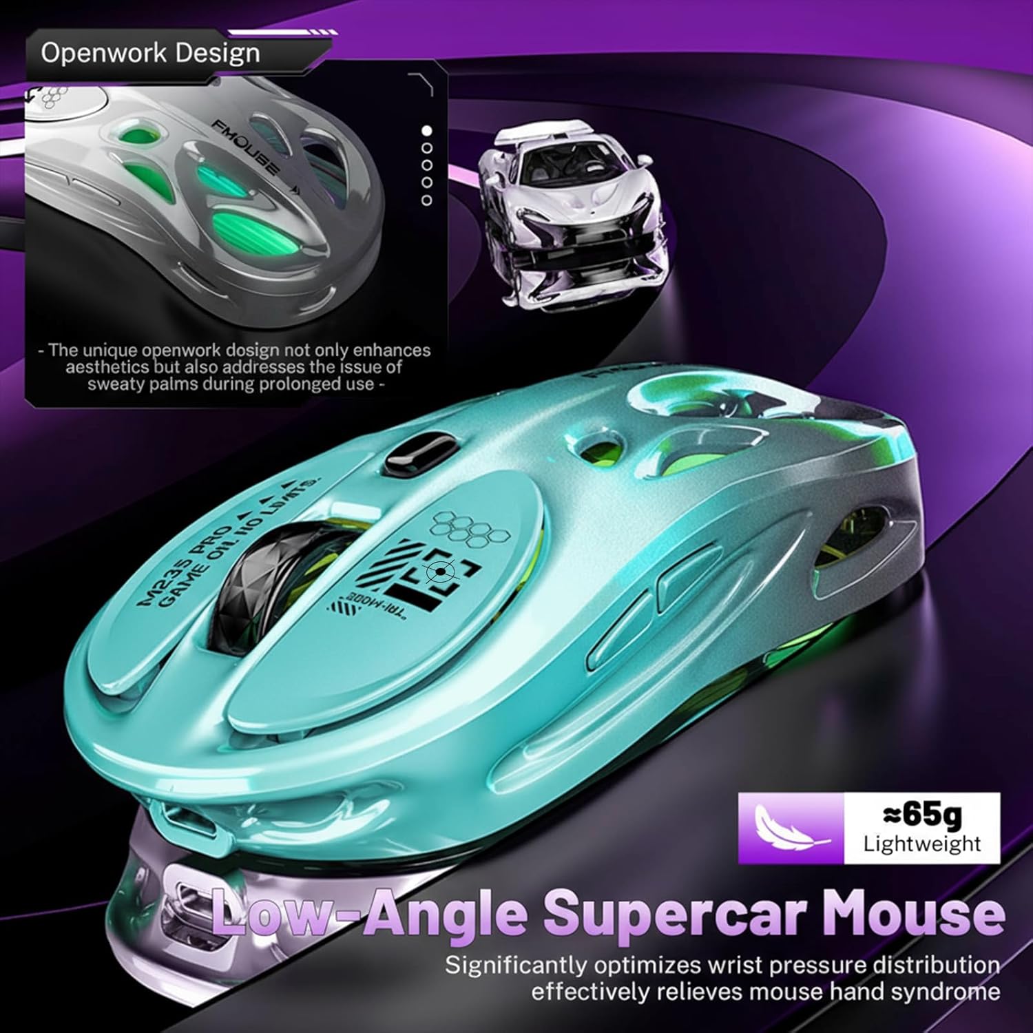 M235 Wireless Gaming Mouse, 65g Ultra-Lightweight, Hollowed-Out Sports Car Design, 4800 DPI, Tri-Mode (2.4G/BT/Wired), 8 Programmable Buttons, RGB Lighting, 1000Hz Polling Rate (Seafoam Gray)