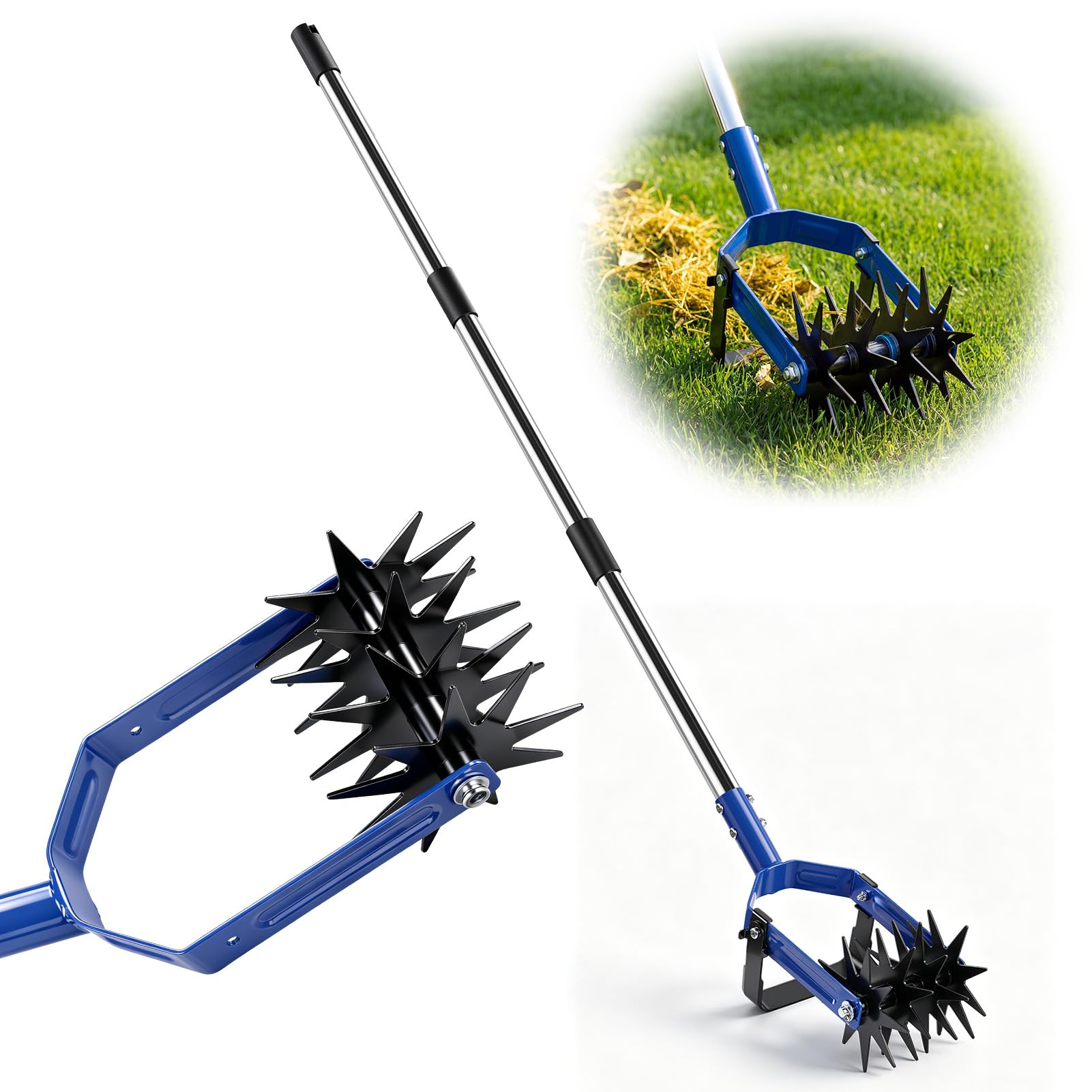 Cultivateur de Jardin Manuel, Motoculteur Manuel avec Manche Réglable jusqu'à 182 cm, Émietteur Sarcleuse 2 en 1 avec Désherbeur, Griffe de Jardin Rotative pour Aérer, Désherber et Ameublir Le