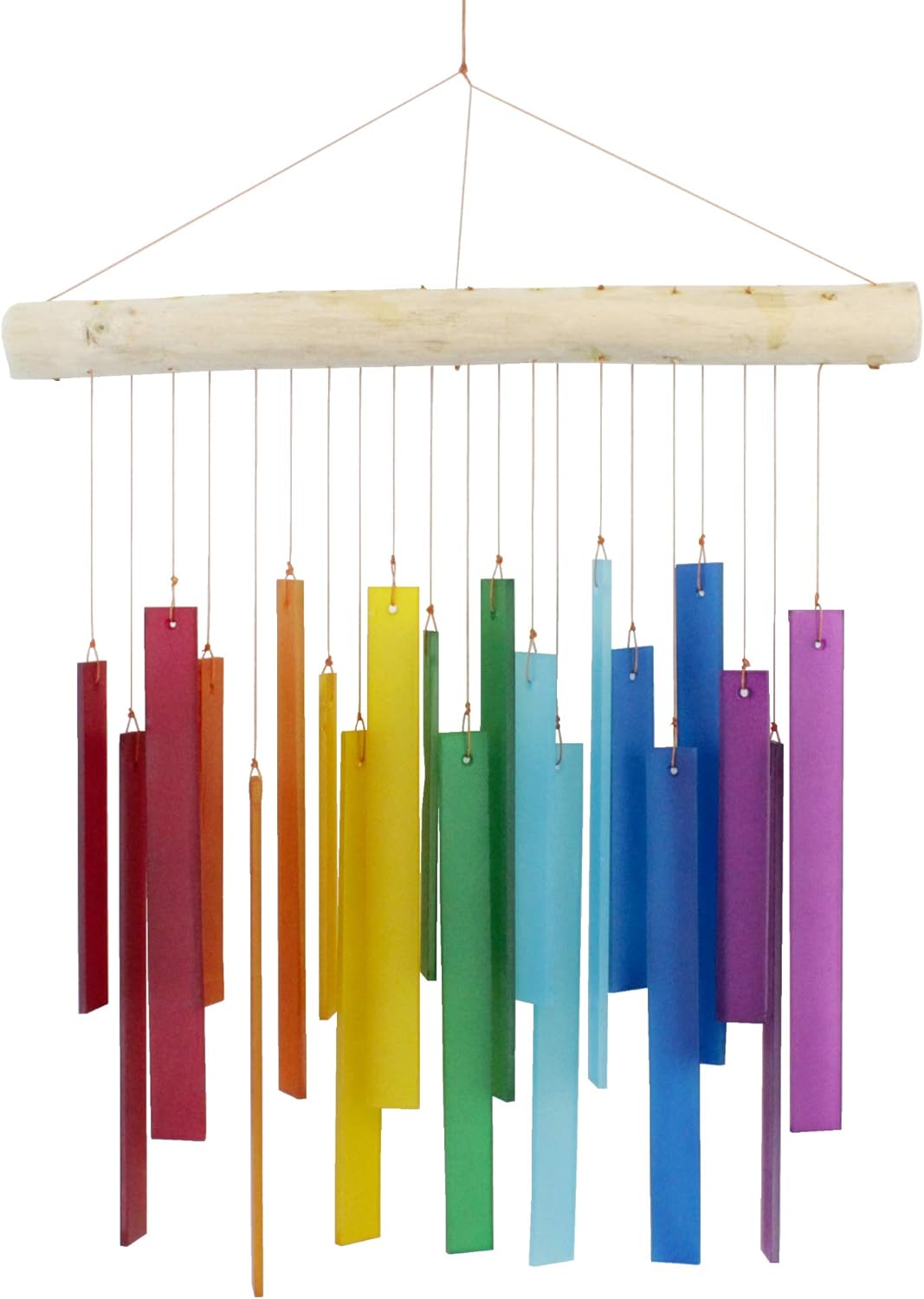 Cohasset Tumbled Glass Wind Chime - Rainbow Rectangle Design - Recycled Glass and Driftwood - LGBTQ Pride, Gay Rights, Yard Art, Multi Color, Chakras, Mobile, Window Art