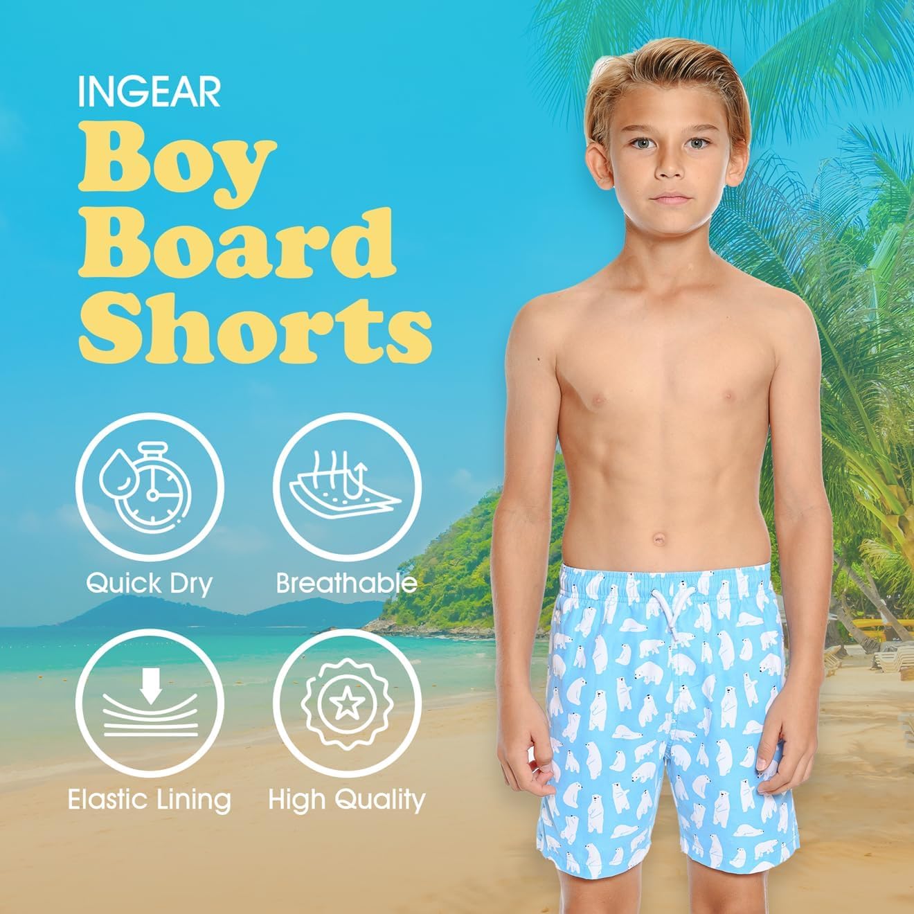 INGEAR Boys Swim Trunks - UPF 50+, Quick Dry Boys Bathing Suit, Beach Shorts, Swimsuit and Swimwear Trunks - Sizes 2T-14 (Paml Trees, 4/5)