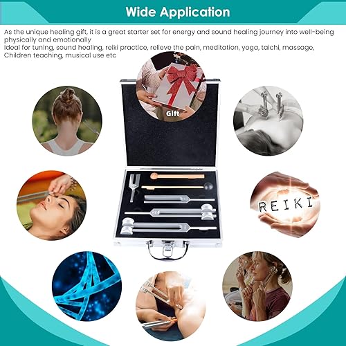Miniatura 7 de Juego de 4 diapasones de afinación médica para sanación de sonido (128 Hz, OM 136.1 Hz, MI 528 Hz, 4096 Hz), diapasón chakra, solfeo, meditación,