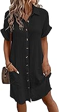 VEVESMUNDO Women's Short Sleeve Summer Dress Blouse Dress Cotton Linen Muslin Dress Linen Dress Beach Dress Shirt Dress Casual Knee-Length Dresses with Pockets