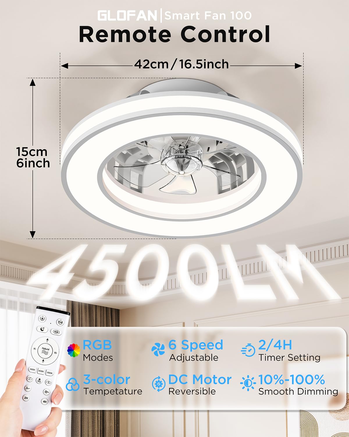 Ventilatore da Soffitto con Luce, Motore DC Silenzioso Lampadario Ventola LED Dimmerabile 3000K-4000K-6500K-RGB, 6 Velocità Plafoniera Ventilatore con Telecomando per Camera da Letto, Cucina