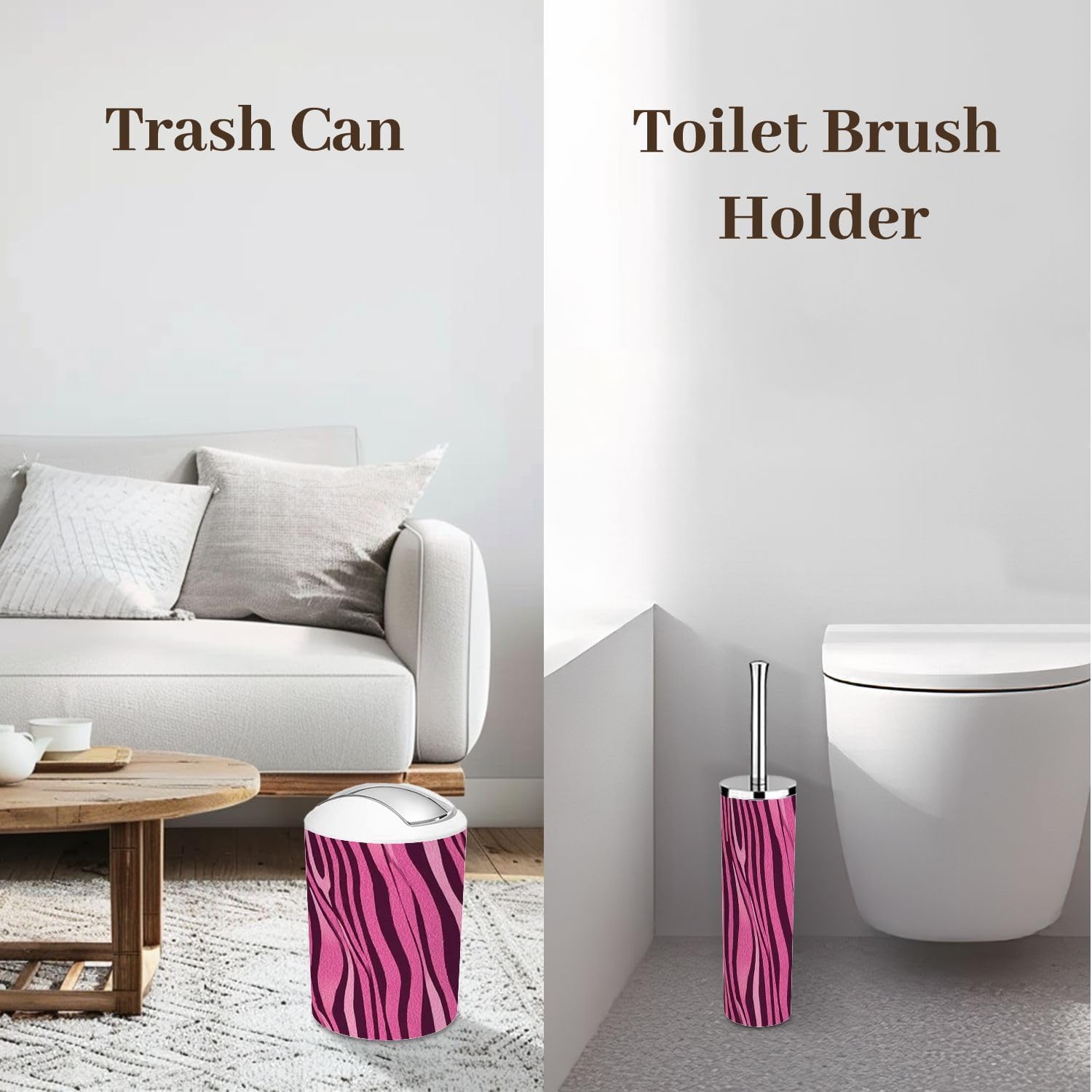Bathroom Accessory Set 6 Piece Trendy Pink Zebra Trash can, Toothbrush Holder, Soap Dispenser, Soap Dish, Toothbrush Cup, Toilet Brush Holder