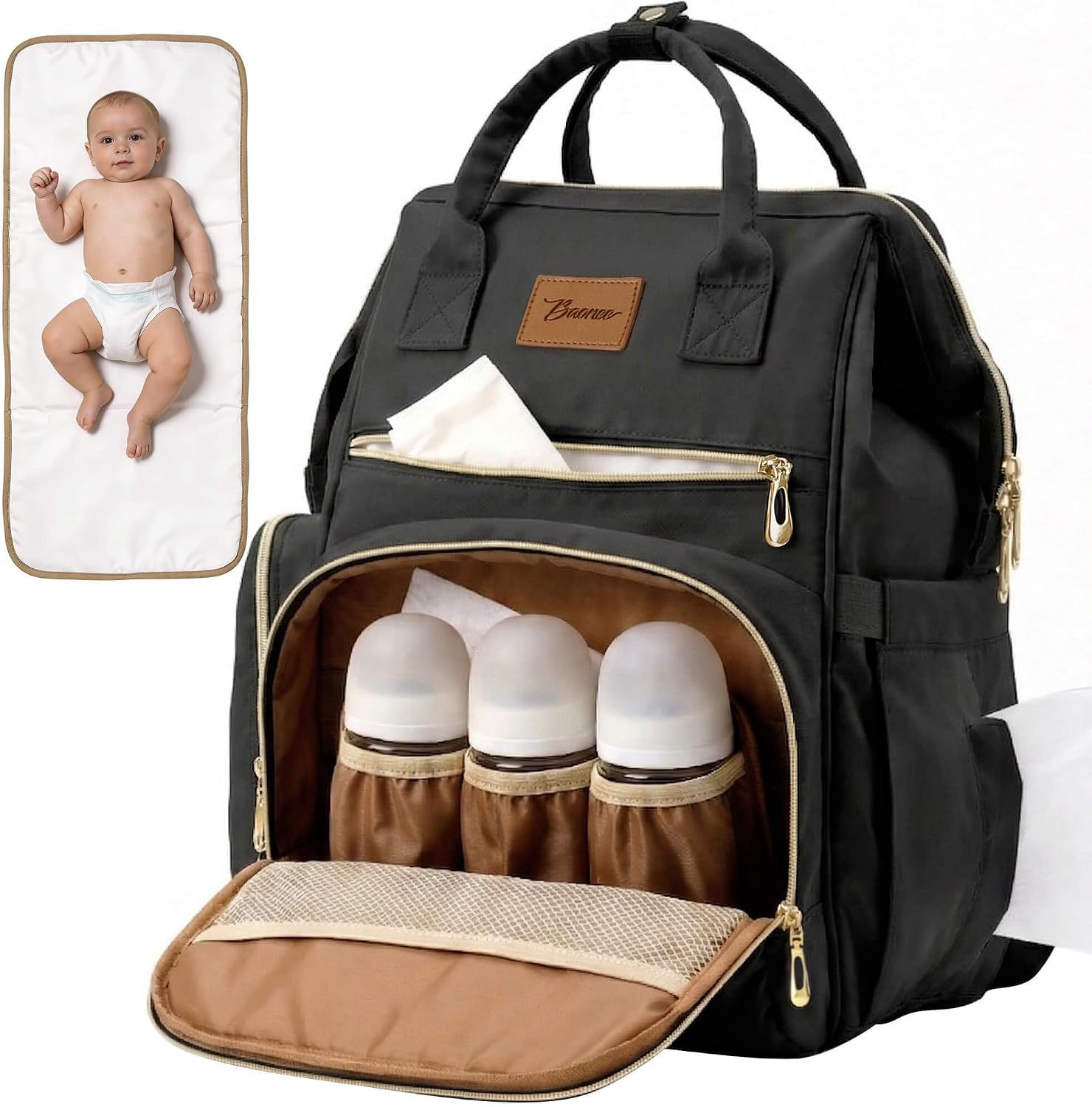 Diaper Bag Backpack, Large Capacity Baby Bag with Stroller Straps and Luggage Sleeve, Insulated Bottle Pockets, Changing Pad, Wet/Dry Pocket, Unisex for Mom and Dad, 27L Black
