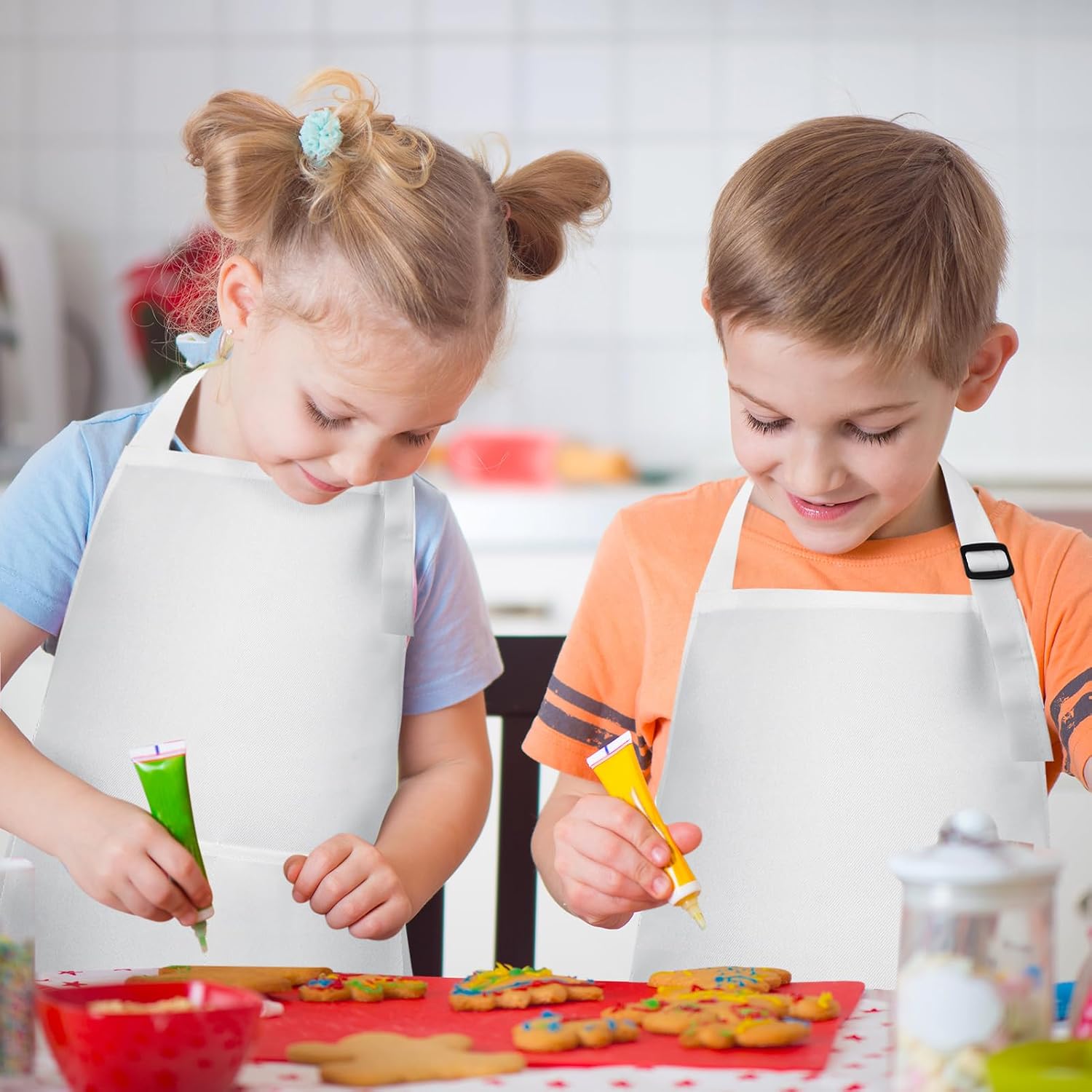 12 Pack Kids Aprons Bulk, Adjustable Kids Chef Apron with 2 Pockets, Art Paint Aprons for Cooking, Baking, Grilling, Painting, Crafting