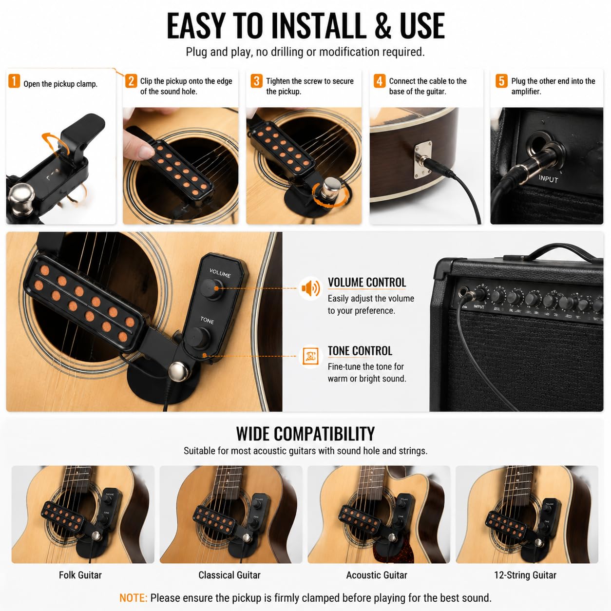 Pickup Chitarra Acustica 12 Fori Metal Magnetic Guitar Transducer Sound Pickups con kit di Accordatura del Volume e Cavo di Amplificazione per chitarra acustica e ukulele