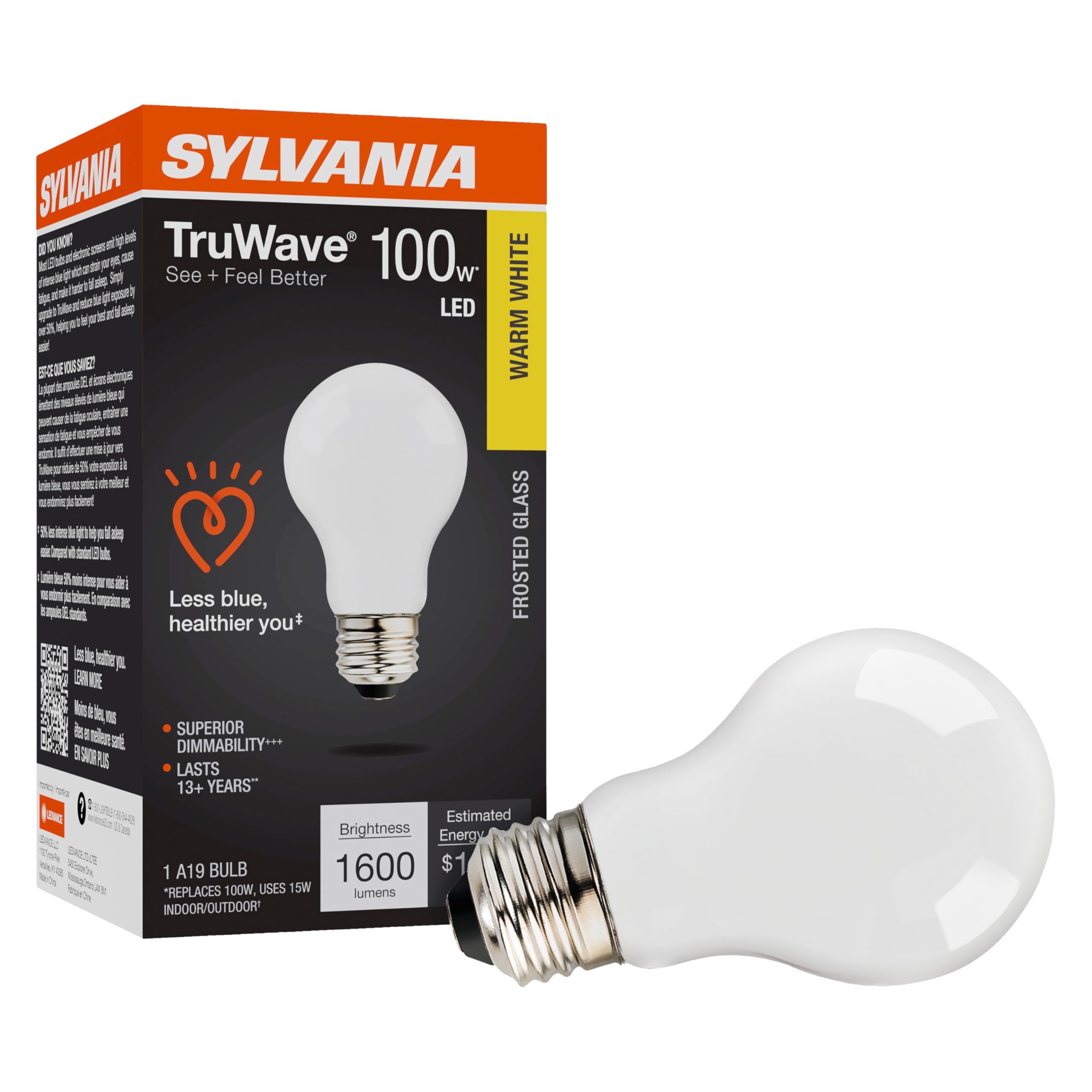 Sylvania LED TruWave Natural Series A19 Light Bulb 100W Equivalent Efficient 15W 1600 Lumens Medium Base Dimmable Frosted